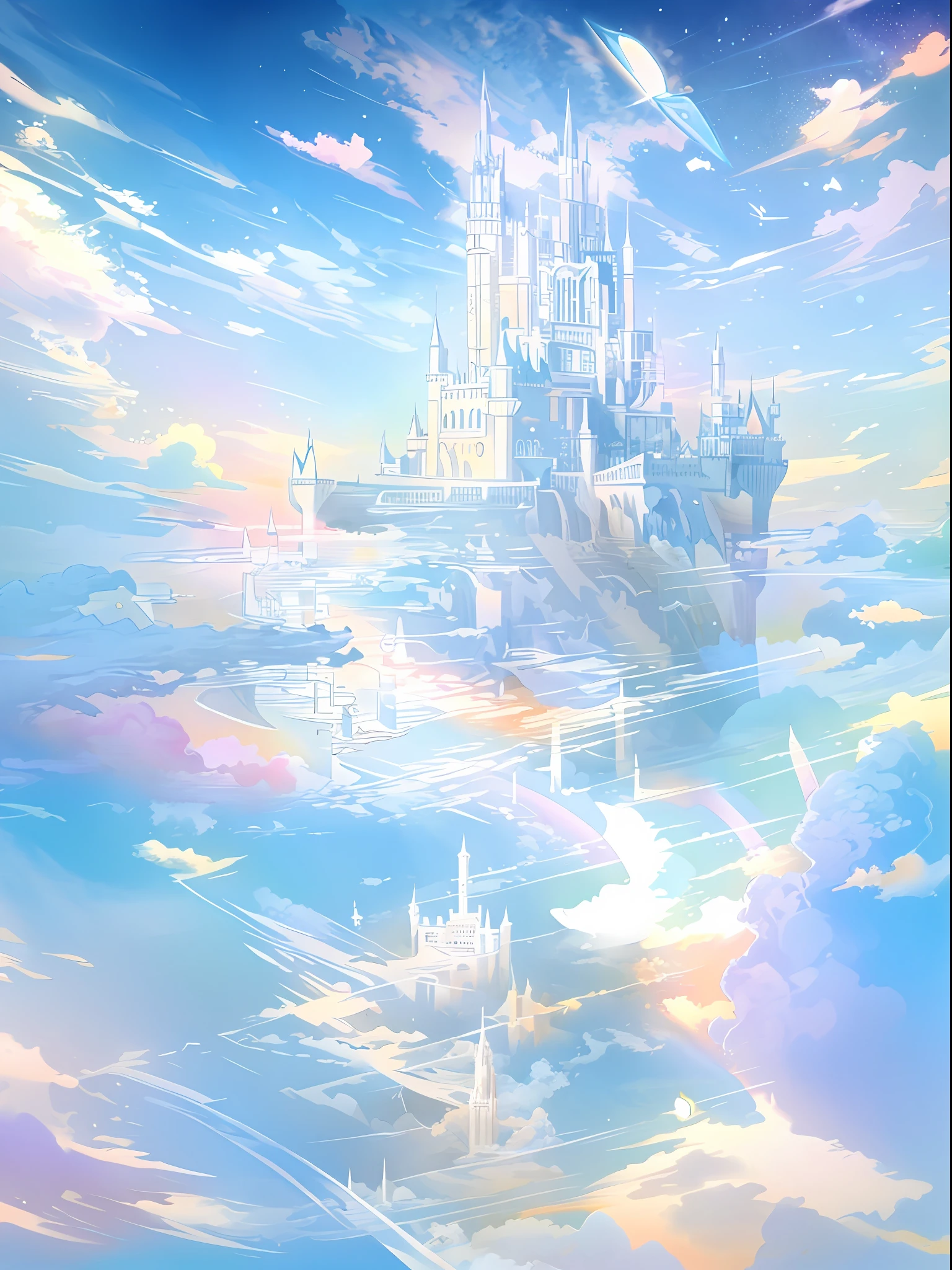 8k, Disney castle in the sky with reflection of water, fantastic sky and water surface, fairy tale style background, flying cloud castle, magical castle, castle background, magical background, kingdom of light background, palace background, palace floating in the sky, palace floating in heaven, beautiful fantasy anime, milky white palace, beautiful castle, castle made of clouds, cloud palace, fantasy castle, anime background