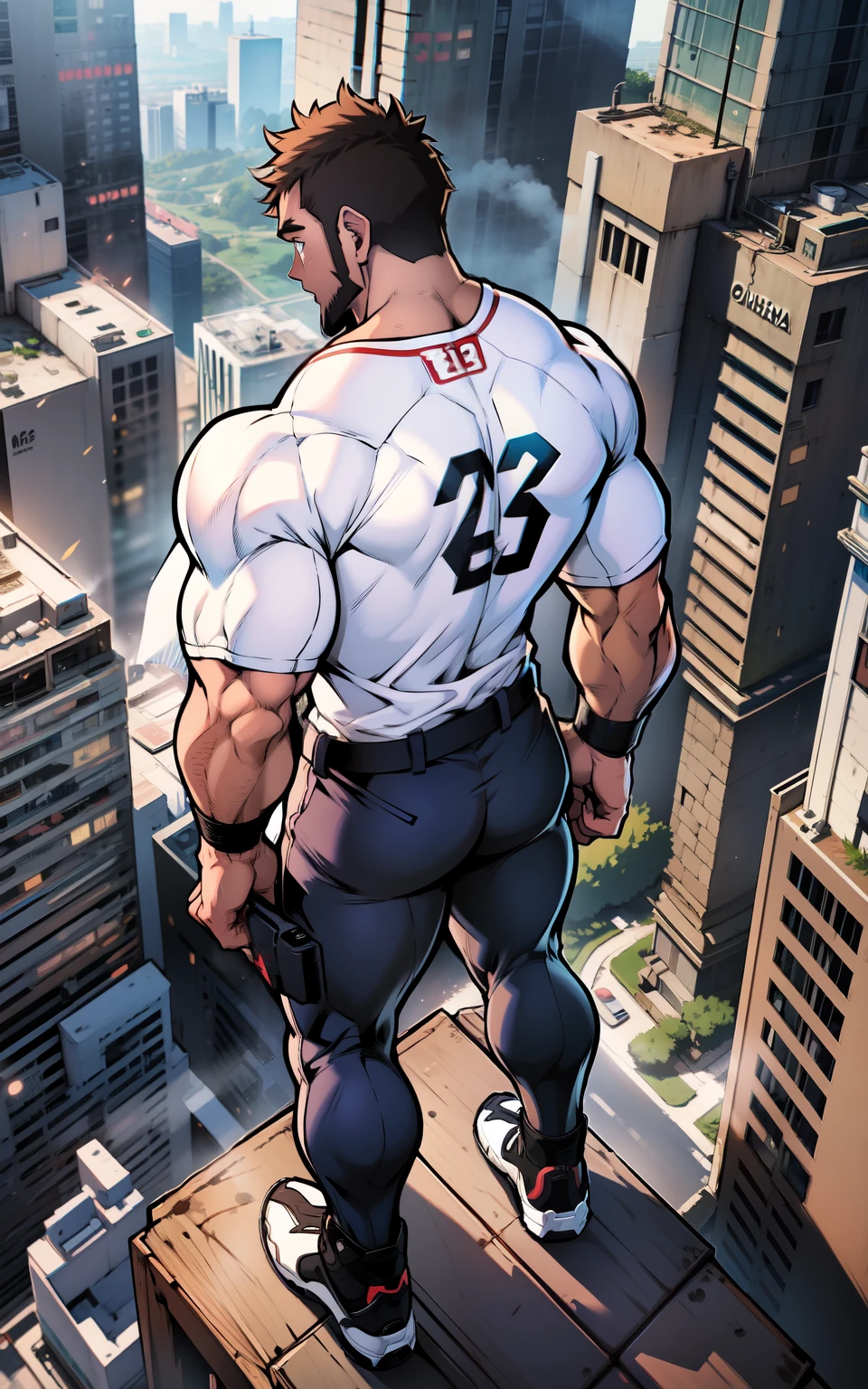 Personagem de costas em cima de um predio olhando para a cidade, Heroic pose on his back, personagem musculoso.