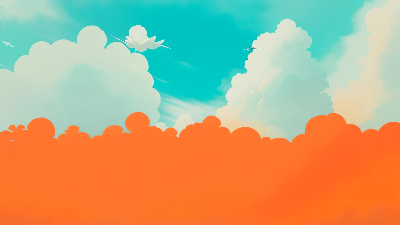 There is a painting of a sky with clouds and birds flying, nuvens alaranjadas, plano de fundo da nuvem, algumas nuvens, Arte de fundo, nuvens brilhantes, fundo das nuvens, ciano e laranja, nuvens coloridas, Fantasia Puffy Sky, nuvens brilhantes, fundo nublado, Orange and blue sky, arte de fundo, sky on a background, cumulus, nuvens em segundo plano, nuvens suaves, nuvens altas
