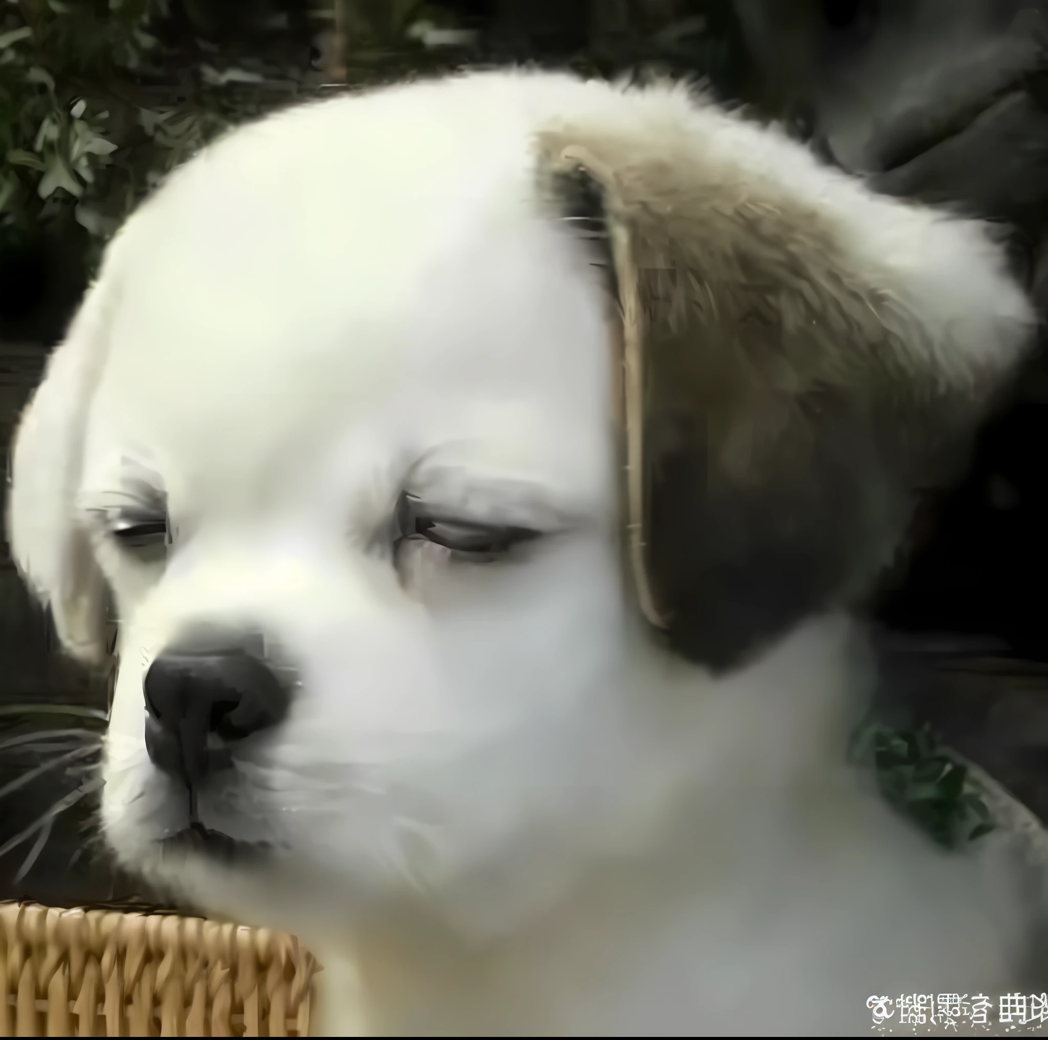 Puppy with closed eyes sitting outside in basket, ( dog ) looks like elephant, beautiful dog head, crying eyes closed!, Cute dog, dog looks like elephant, he has an elongated head shape, with a sad expression, awww, [ Realistic photo ]!!, Sleepy expression, cute round slanted eyes, winking one eye, with cute doting eyes