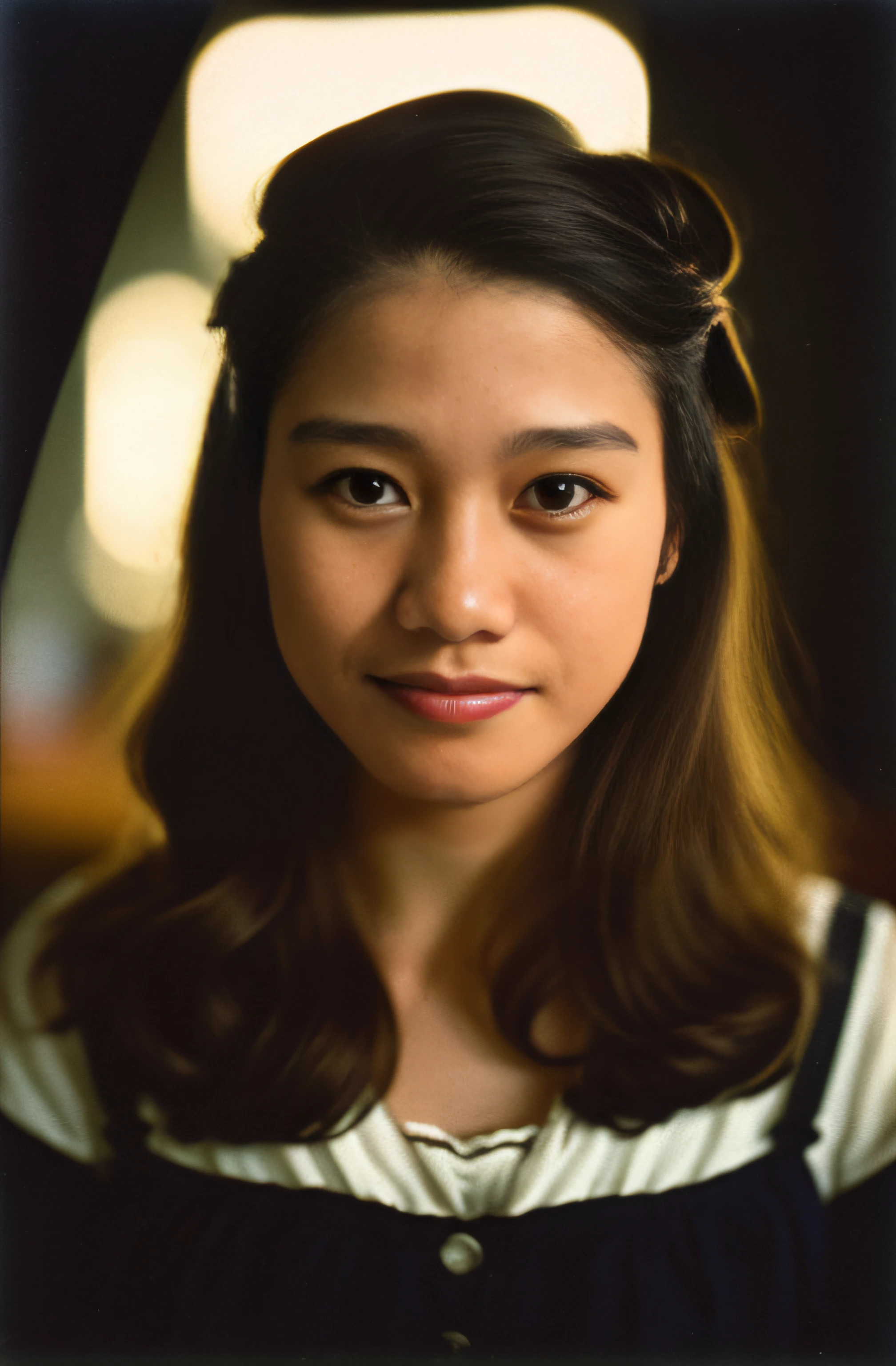 (close-up, editorial photograph of a 20 yo woman from the 1940's), (highly detailed face:1.4) (smile:0.7) (background inside dark, moody, private study:1.3) POV, by lee jeffries, nikon d850, film stock photograph ,4 kodak portra 400 ,camera f1.6 lens ,rich colors ,hyper realistic ,lifelike texture, dramatic lighting , cinestill 800,
