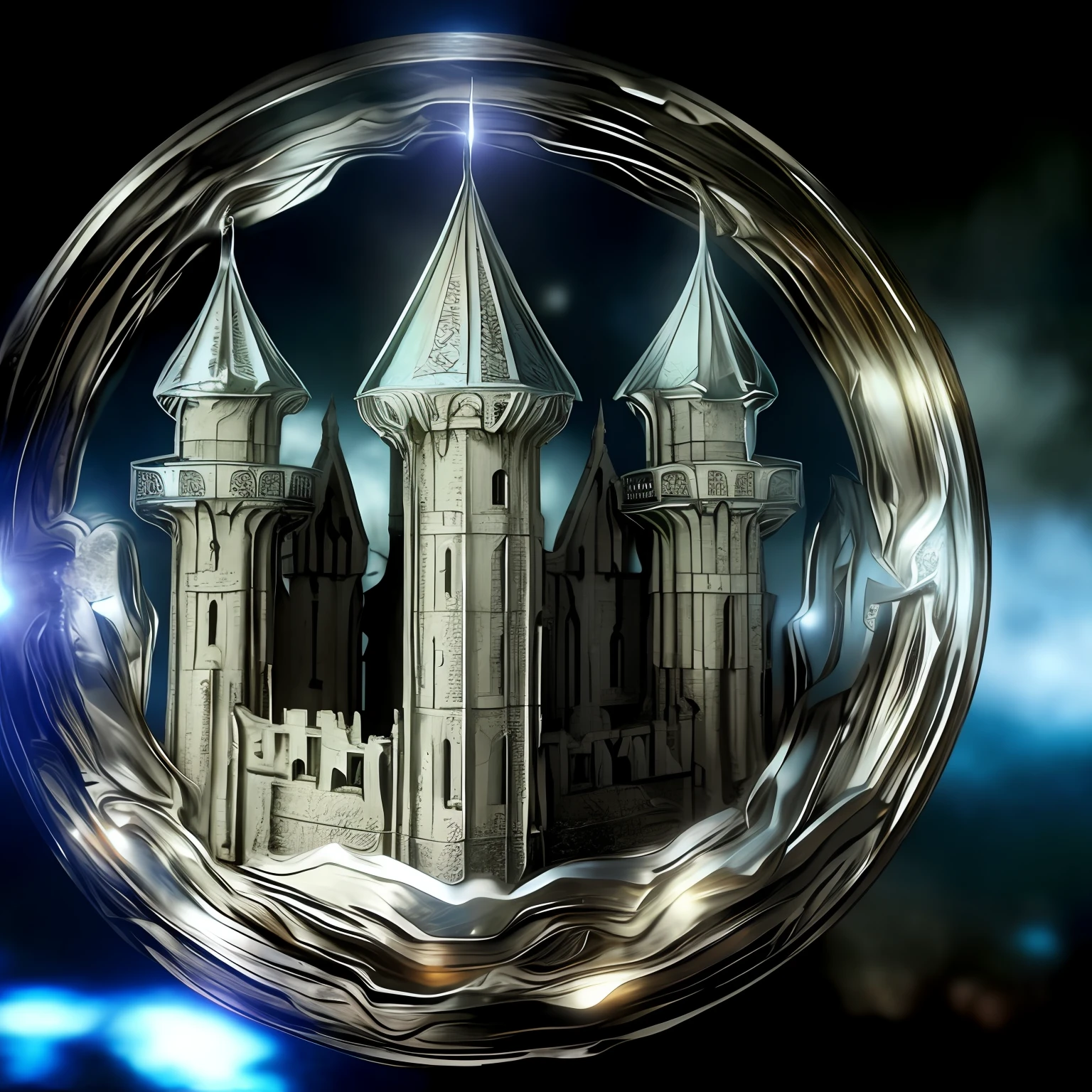 um close up de um castelo em um objeto circular de prata centralizado, Catedrais cromadas, castelo futurista, silver insignia, Castelo Cyberpunk, hdrp render, feito de prata brilhante, Arte do Chrome, Hogwarts 2 0 7 7, Described as a 3D rendering, Castelo de Alta Fantasia, Cryptidcore, renderizado em cinema4d, renderizado em cinema 4 d