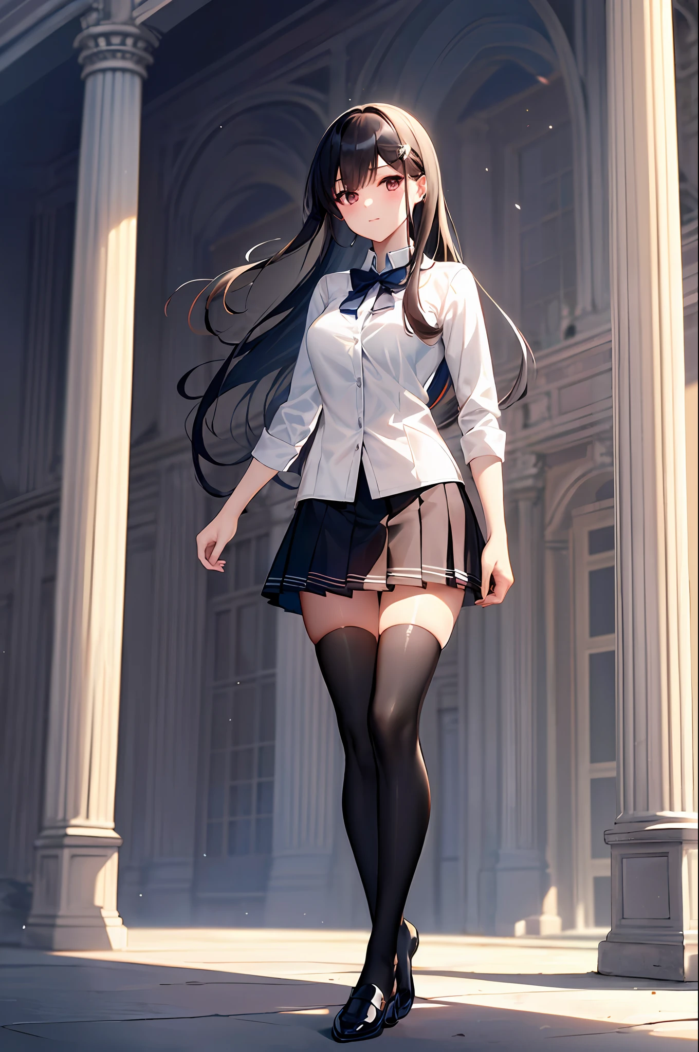 ((masterpiece, best_quality)), 1girl, (真实感:1.4), solo, white_background, black_hair, long_hair, zettai_ryouiki, skirt, ((full_body)),Stand under the Eiffel Tower