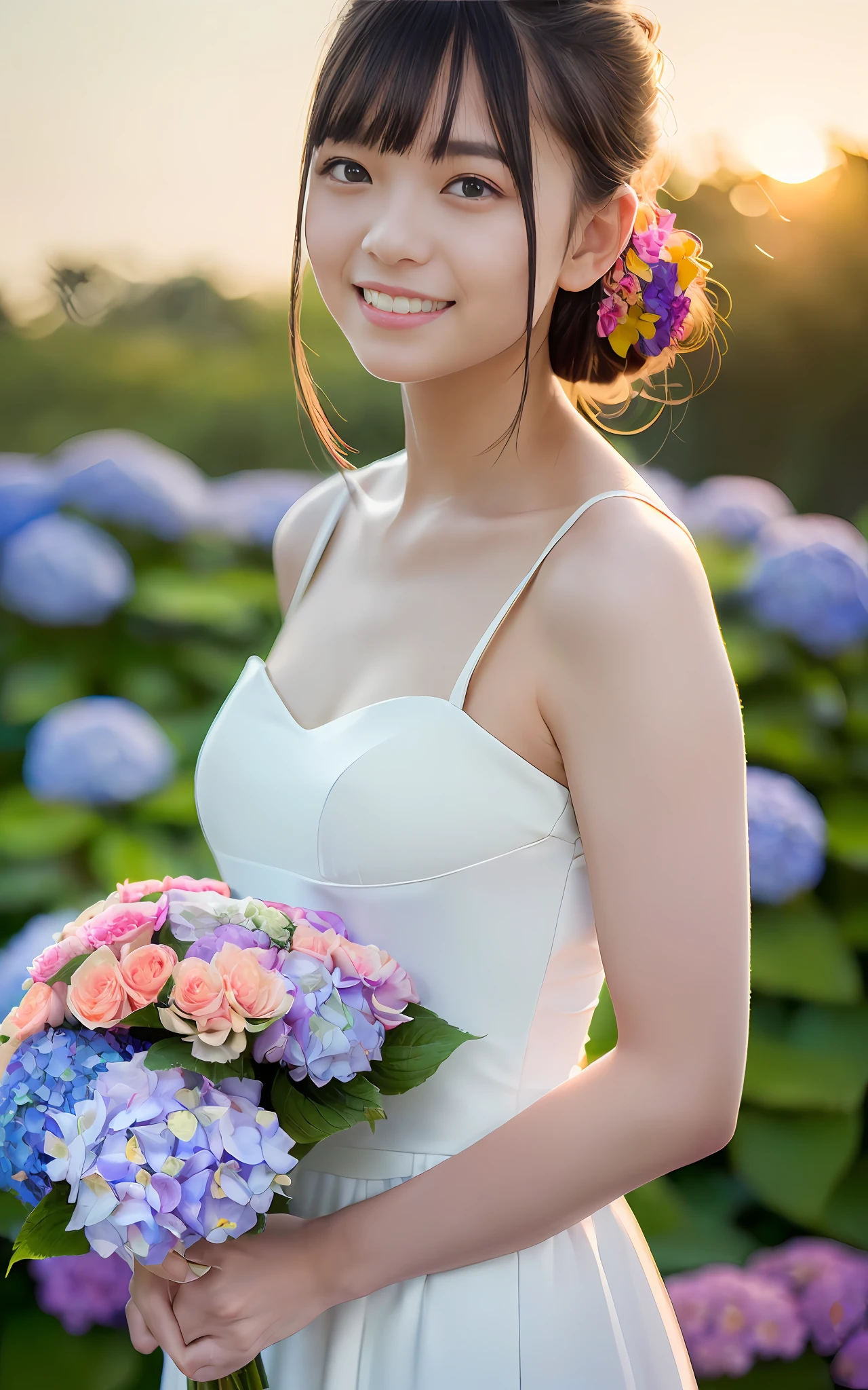 20 years old, twilight rays, wedding dress, corolla, (((Tokugawaen)), hydrangea front bokeh, bokeh, photorealistic, surrounded by hydrangeas, background dark, smiling, (one girl), (sunset: 1.3), (8k, raw photography, best quality, masterpiece: 1.2), (realistic, photorealism: 1.37), best quality, ultra high resolution, (focus plane: 1.8), ( Portrait: 1.7), (Intense:1.1), (Details:1.1), (Highest Quality), (Analog:1.2), (High Sharp), Canon EOS R Photography, (Summer Dress:1.4), (Standing in a Flower Garden:1.3), (Vivid and Colorful:1.3)
