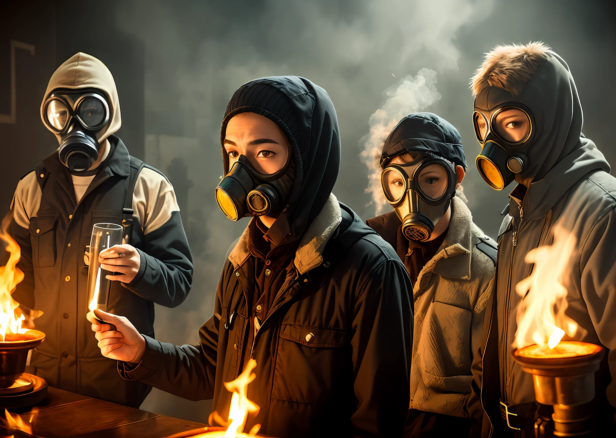 Characters with gas mask in the face sober and realistic atmosphere at a wake