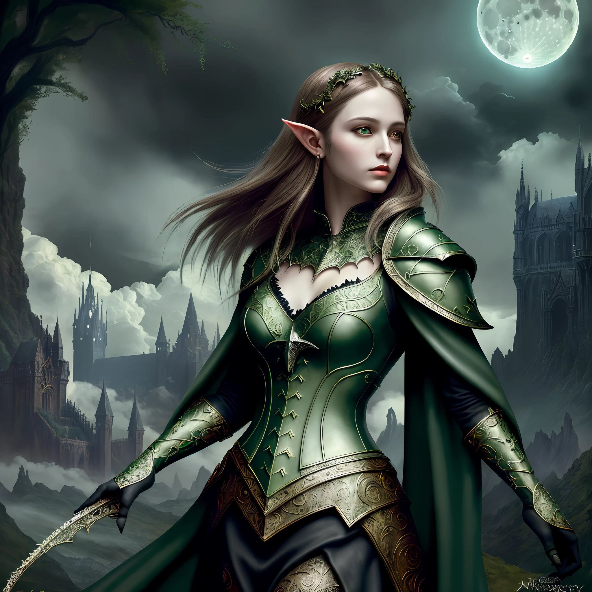 gothic art, dark fantasy art, dnd art, (masterpiece:1.5), full body intricate details, highly detailed, best quality, highres, portrait of a female, elf (1.6, fantasy art, Masterpiece, best quality), feminine, druid, cleric of nature, (1.4 intricate details, fantasy art, Masterpiece, best quality) with a short brown hair, green eyes, (fantasy art, Masterpiece, best quality), ((beautiful delicate face)), Ultra Detailed Face (1.6 intricate details, fantasy art, Masterpiece, best quality), armed a staff, green cloak, flowing cloak (1.4 intricate details, fantasy art, Masterpiece, best quality), leather armor (1.4 intricate details, fantasy art, Masterpiece, best quality), in fantasy setting forest at night, moon, clouds, gothic atmosphere, soft light, cinematic light, [[anatomically correct]], high details, best quality, 8k, [ultra detailed], masterpiece, best quality, (extremely detailed), dynamic angle
