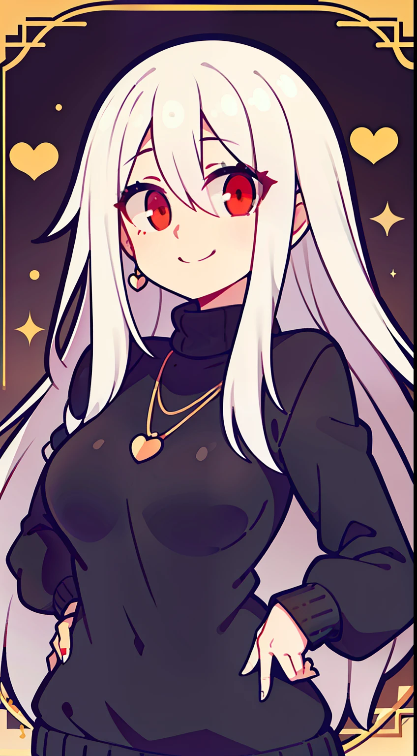 Mature lady with long white hair; medias hasta las rodillas, Black sweater with long neck, Red eyes and small smile, ((falda corta)), cuerpo completo, pechos grandes, flequillo entre los ojos, Golden heart necklace