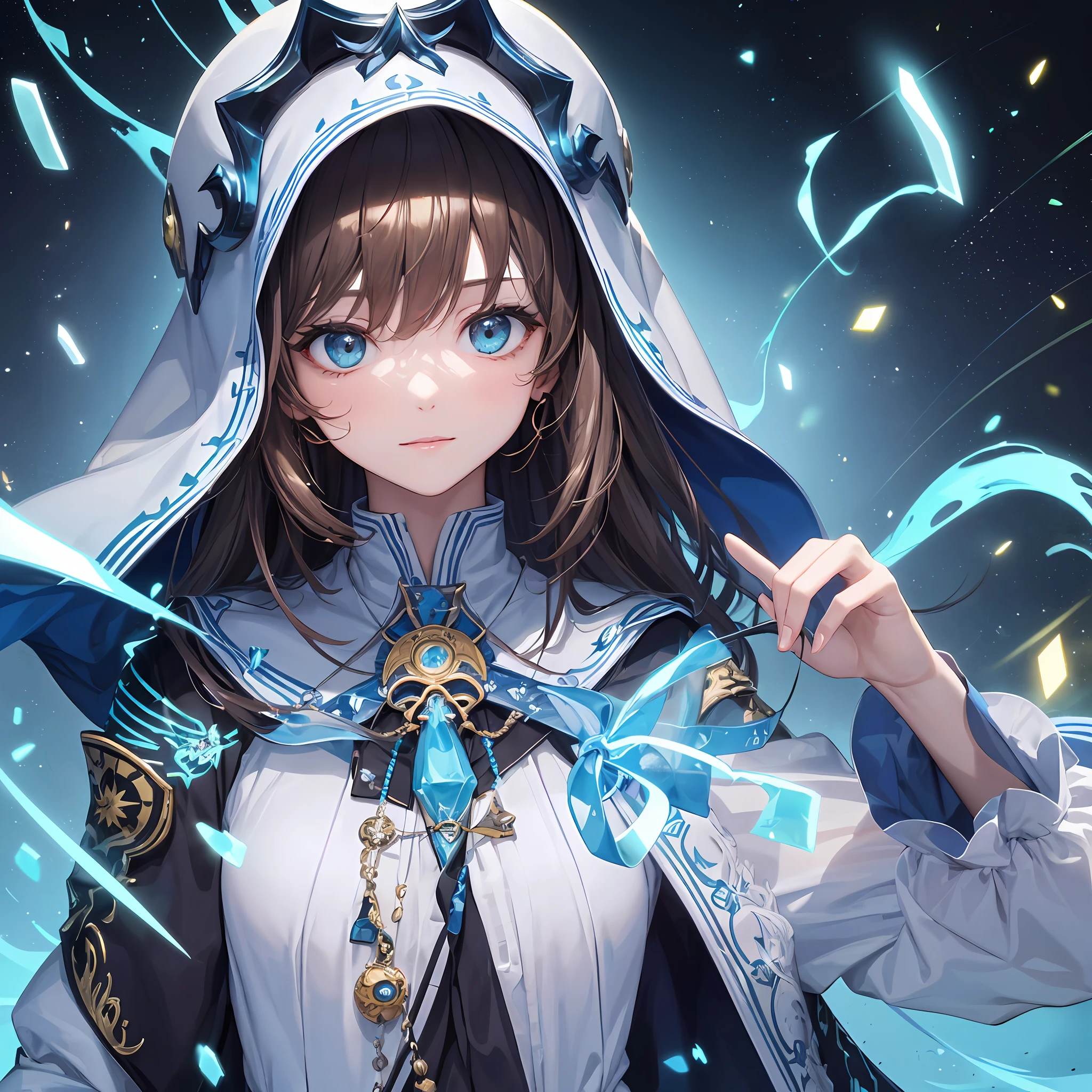 (tmasterpiece, topquality, beste-Qualit, official arts, Beautiful and aesthetically pleasing: 1.2), (1girl), extremely detialed, (s fractal art: 1.3), colourful, Supreme in detail, a perfect face, upper-body, HDR, (prayer: 1.3), (white gold lines of the cloak: 1.2), galaxy, (Light strips), Striking visuals, (dynamic stripes, Glowing footprints: 1.2), bright colours, --auto
