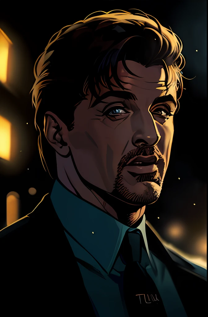 (((Cara confusa)), (comic styled), Silvester Stallone como policial, cena escura, ao ar livre a noite em uma fazenda, olhos azuis, fazenda Noturna, particles, Chuva leve, Foco masculino, (cabo de fluxo longo), noite, Chuva, fundo detalhado, (arte de Frank Miller), obra-prima, (realista:1.3), perfect illumination, sombreamento perfeito, (textura realista do tecido), hiper-realista, (fotorrealista:1.5)