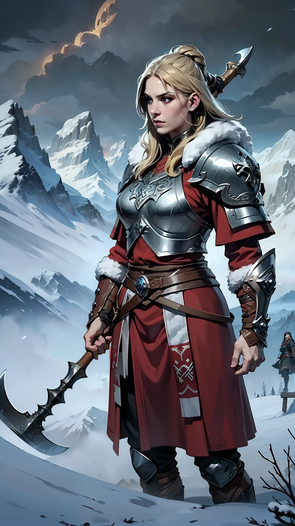 (floaty, epic, panoramic shot), (Viking clothing, shield, battle axe), woman, Nordic traits, (mountains covered in snow, atmospheric sky, cloudy), (epic, fantasy, adventure)