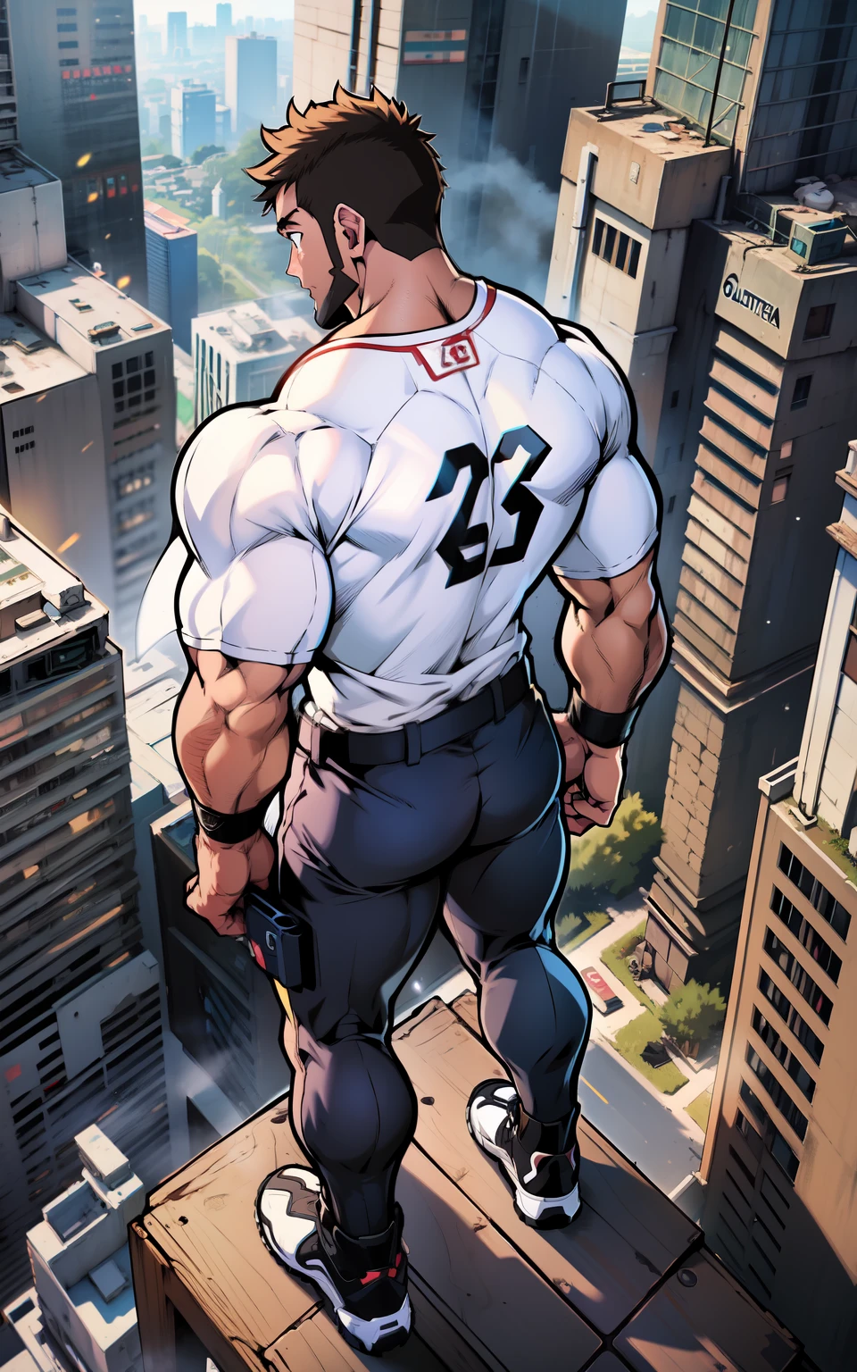 (((arte estilo anime))), Personagem de costas em cima de um predio olhando para a cidade, Heroic pose on his back, personagem musculoso.