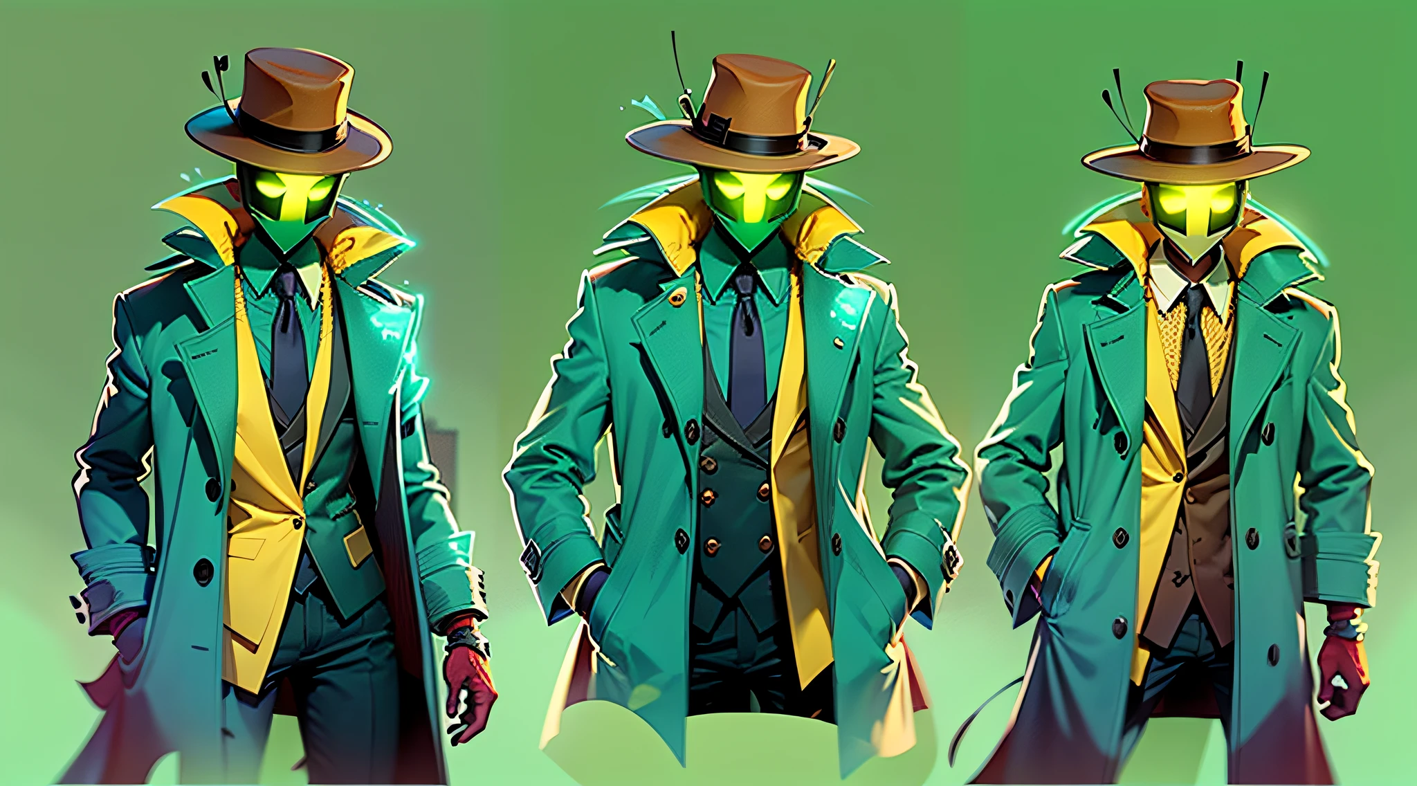 A guy who has no face, no eyes or nose, he wears a blue overcoat, yellow fedora and a red scarf around his neck. Helluva boss Style, Hazbin hotel Style, his skin is flourescent blue and glows.