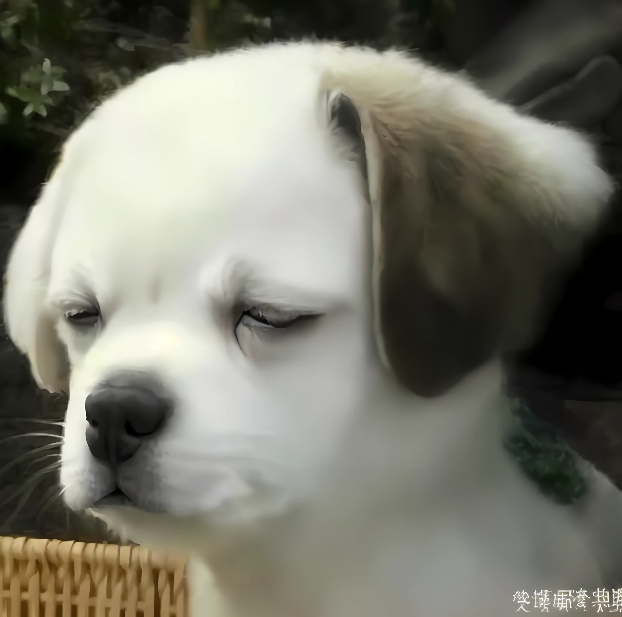 带这皇冠👑闭着眼睛的小狗坐在外面的篮子里, ( dog ) looks like elephant, beautiful dog head, crying eyes closed!, Cute dog, dog looks like elephant, he has an elongated head shape, with a sad expression, awww, [ Realistic photo ]!!, Sleepy expression, cute round slanted eyes, winking one eye, with cute doting eyes