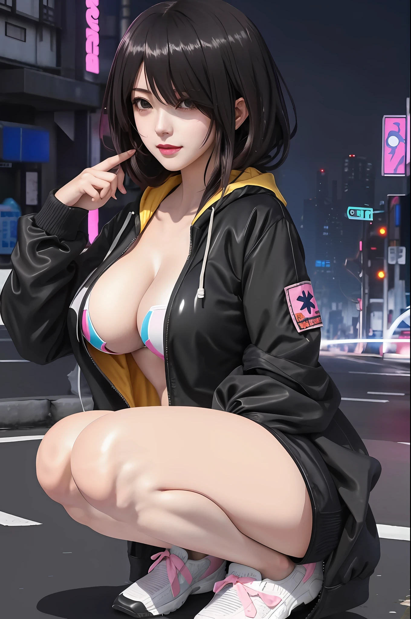 a woman in a black jacket kneeling on a street with a pink shirt, oppai cyberpunk, seductive anime girl, oppai, cyberpunk anime girl in hoodie, from girls frontline, attractive anime girl, anya from spy x family, fine details. girls frontline, beautiful alluring anime woman, akane owari danganronpa, biomechanical oppai