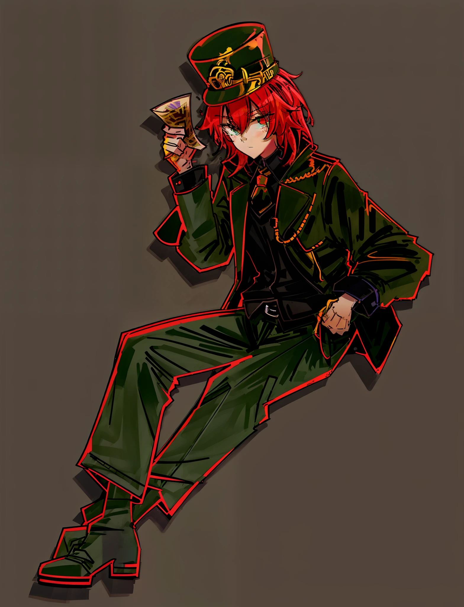 One with a top hat,Draw a man sitting down in the costume of a train conductor, Red and black clothes scheme,Bunny ears boy, black color hair,adolable,Holding the ticket in his right hand,Golden ticket,Simple lines of art, bold lineart, 2 d anime style, lineart behance hd, quirky king of faes ( com longo, clean anime outlines