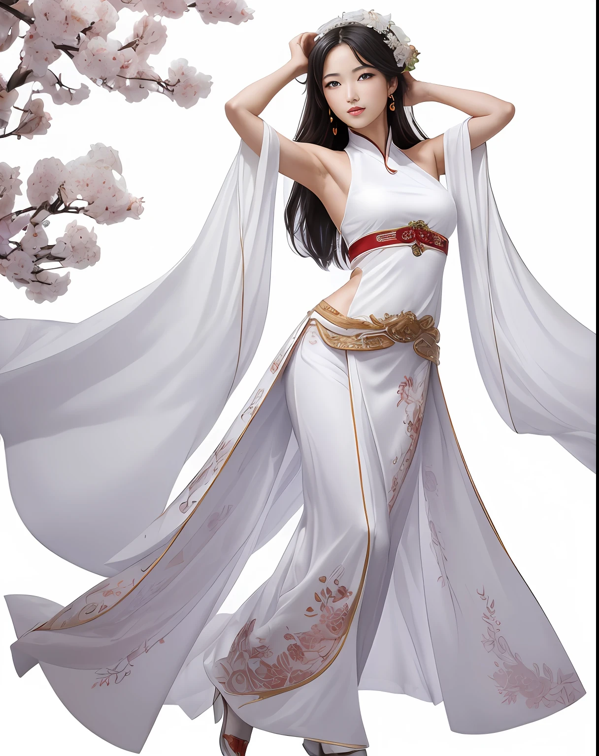 (masterpiece, best quality, beautiful modelshoot:1.4) of a stunning 25yo chinese 1girl, (full body view:1.6), (seductive pose:1.2), breasts:1.2, (armpits focus:1.5), solo:1.5, navel, long black hair, sidebangs, bare shoulders, (perfect face, perfect eyes, insanely beautiful face, perfect hands, beautiful fingers:1.5), (happy smile:1.2), hanfu, (looking at viewer:1.6), busy street, shops, people, trees, colorful, highly detailed, ultra realistic, deep field of depth, (sharp focus:1.6), insanely intricate, 8k, tachi-e, (white background:1.6), full body