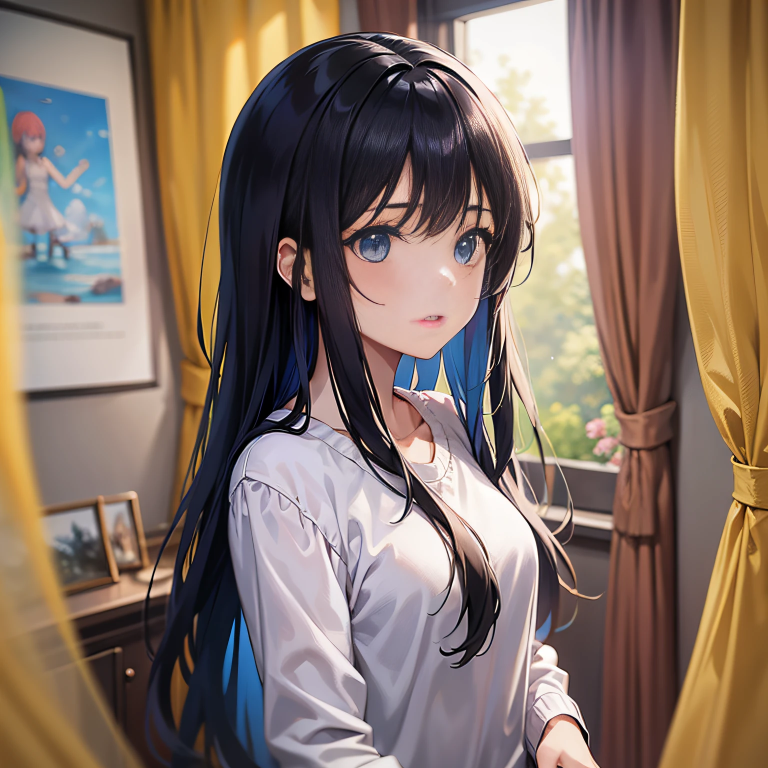 Anime girl with long black hair and blue eyes standing in front of yellow curtain, Art styles :
