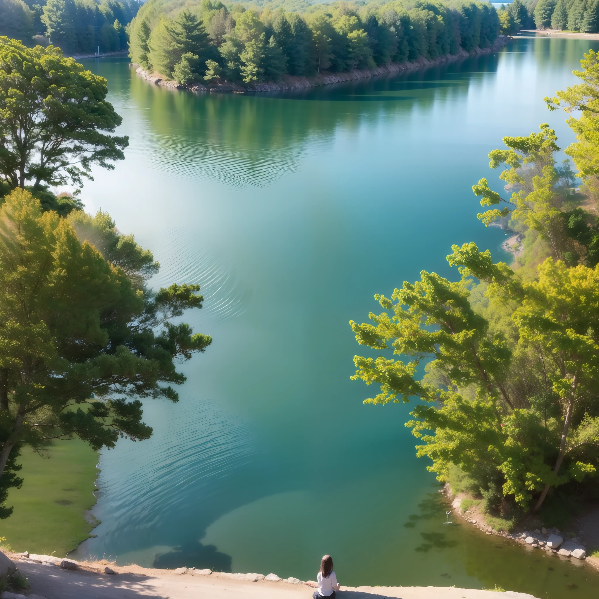 There is a lake in the middle of the 4k，There was a woman in front of the lake --auto