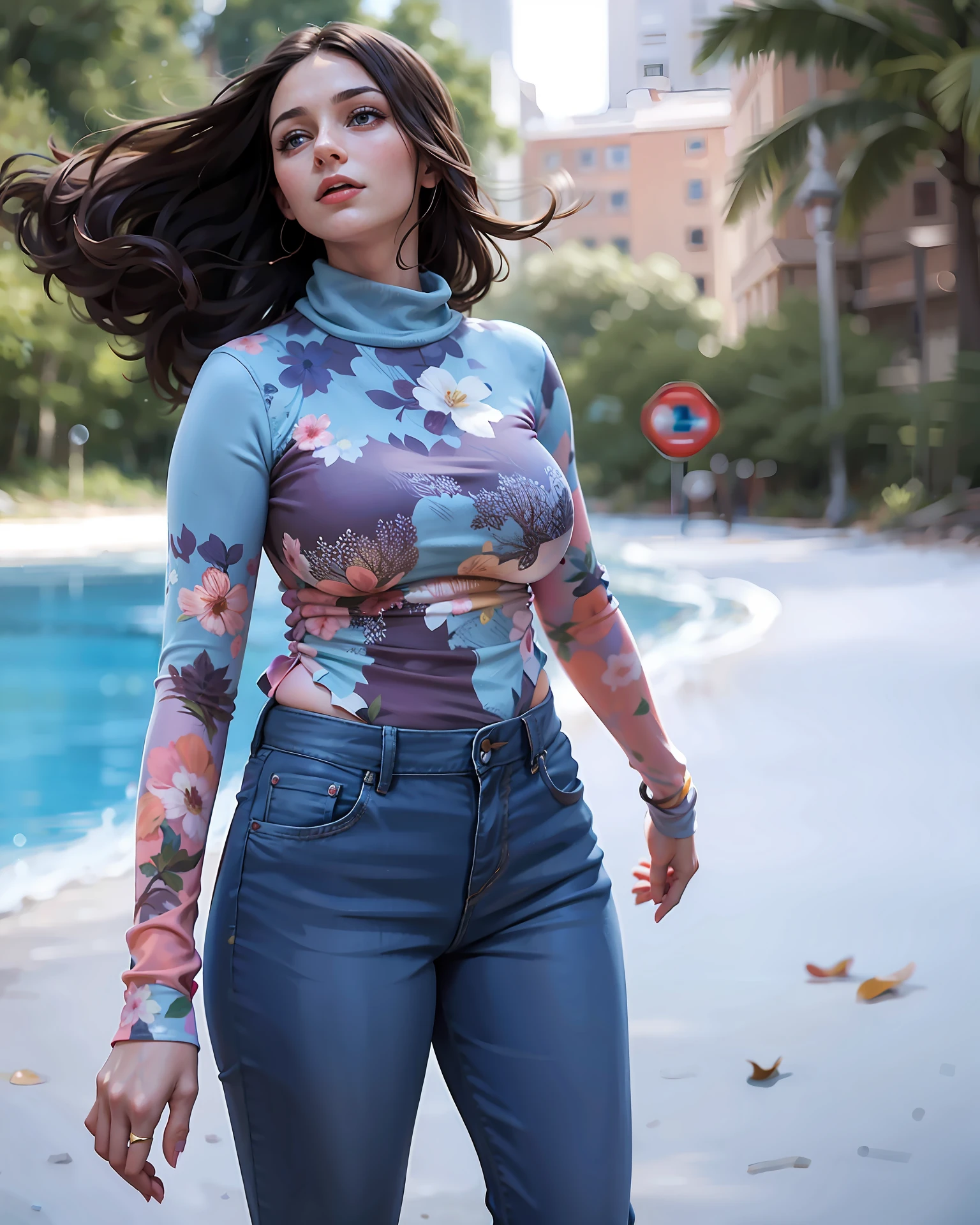 a hyper-realistic portrait of a young woman, under a tree, inside a forest, in the middle of nature, 22 years old, realistic, (lying on her side), sexy, (huge breasts 2:1), short brown hair, (hair tied with bows), curved, SFW