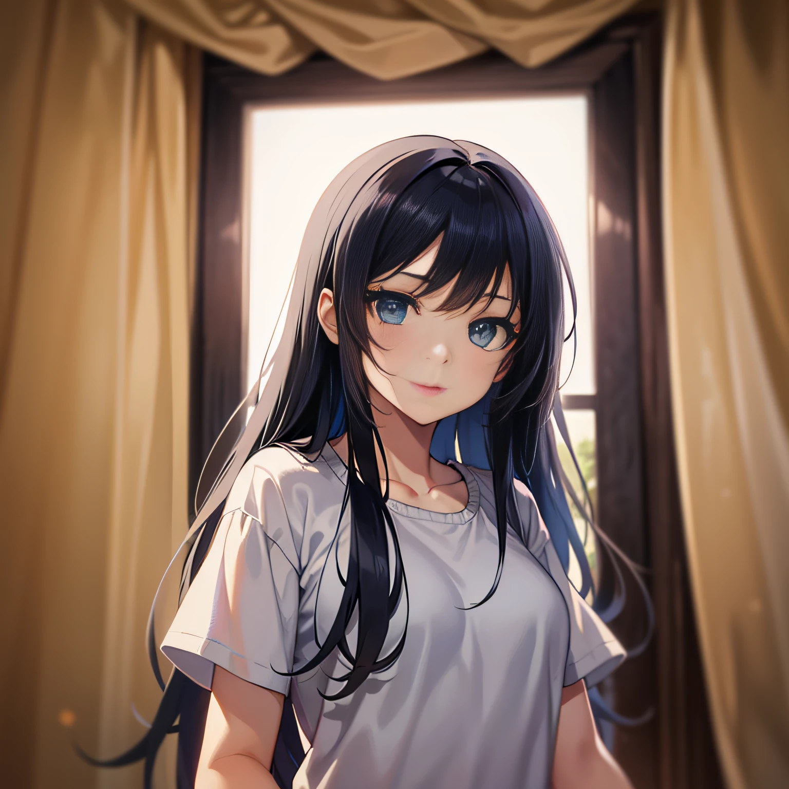 Anime girl with long black hair and blue eyes standing in front of yellow curtain, Art styles :