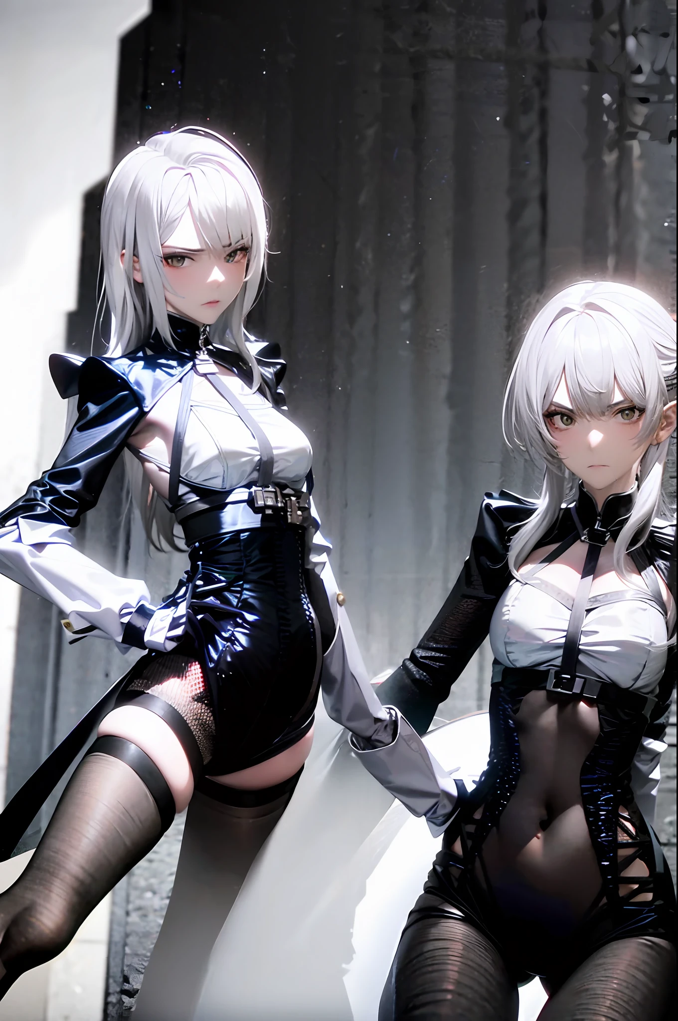 White hair,femele,Black tights,Erotic lingerie,Grim expression,the skin is wet,HD facial details,HD full body detail,Realisticstyle