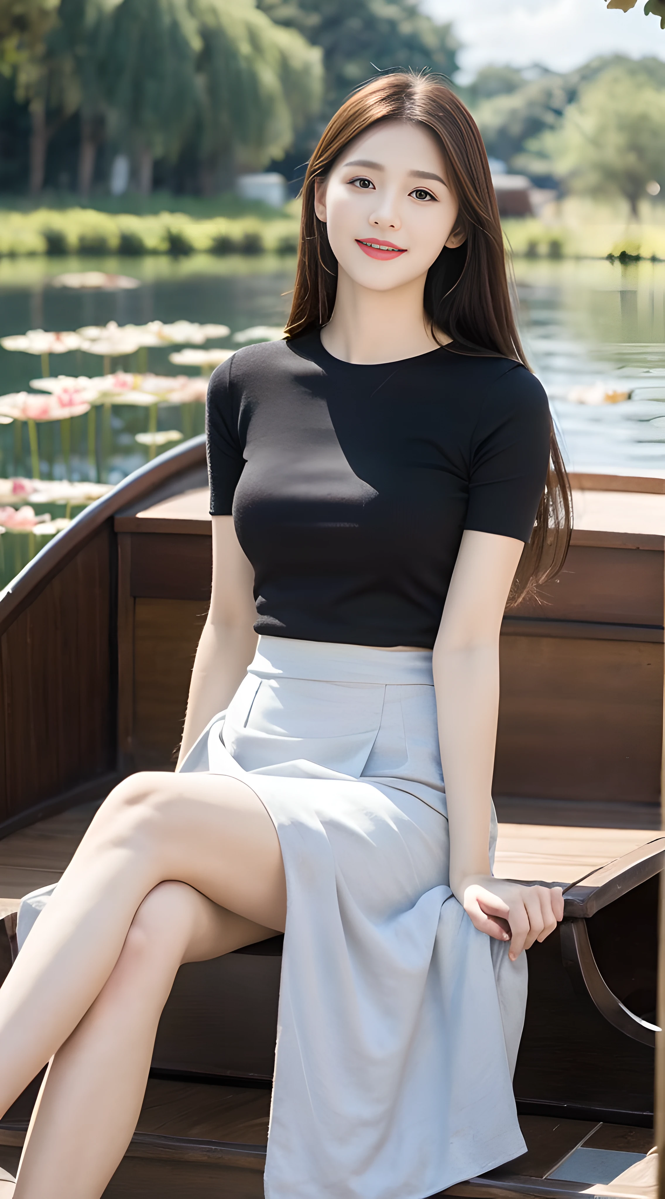((Best Quality, 8K, Masterpiece: 1.3)), Focus: 1.2, High School Girl, Motorcycle Pilot, Perfect S-Shaped Body, (Firm Eyes) (Cute), Delicate Face, Long Hair Waist Length, Long Hair Flowing, Tilted Head, Smile, Hair Details, Delicate Full Body Portrayal, Delicate Face Portrayal, Best Image Quality, High Resolution, Detailed Background, Delicate Description, Exquisite Details, Rich Details, Face Enhancement, (Black Long Top, Floral Midi Skirt), Blue Sky and White Clouds, Lotus, Lotus Leaf, Sitting on a wooden boat, willow technique, lotus pond background, no eye bags under the eyes