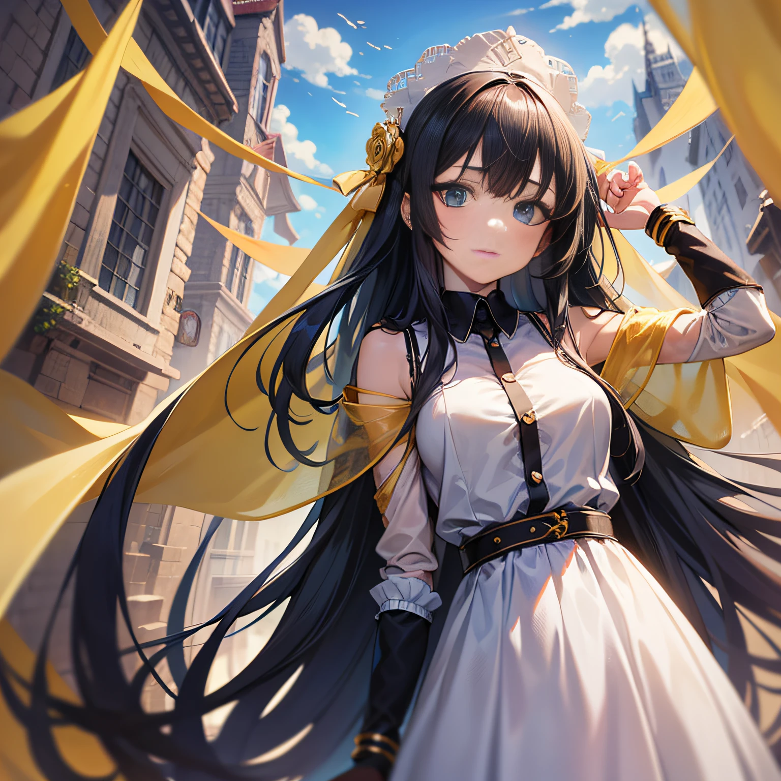 Anime girl with long black hair and blue eyes standing in front of yellow curtain, Art styles :