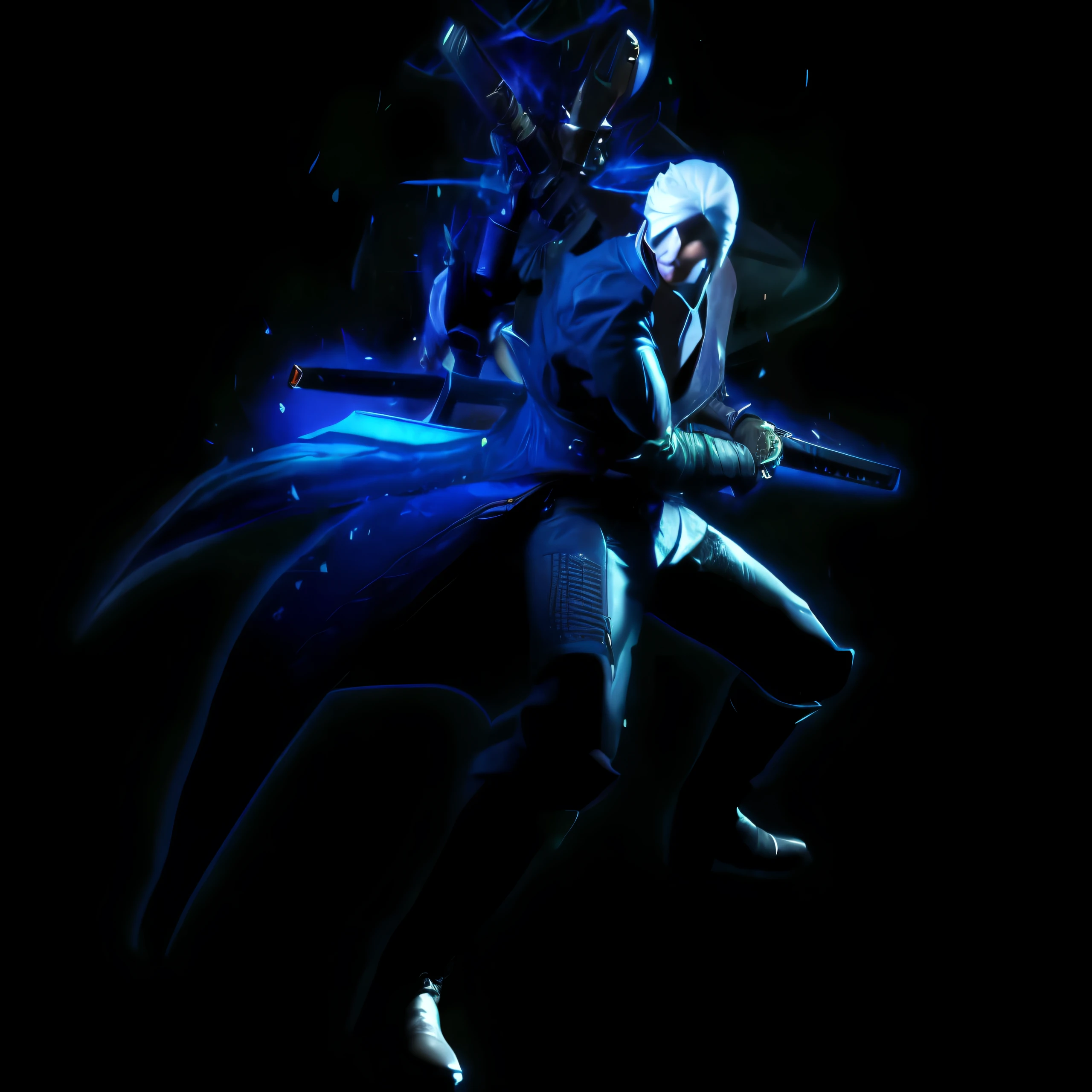 a close up of a person holding a sword in a dark room, vergil, 《Devil May Cry》Virgil, Devil May Cry, son of sparda, 2 b, 2b, trigger anime artstyle, Arcane style!!!!!, As a character in Tekken, author：Ren Renfa, blue fire powers, v from devil may cry as an elf, badass posture --auto