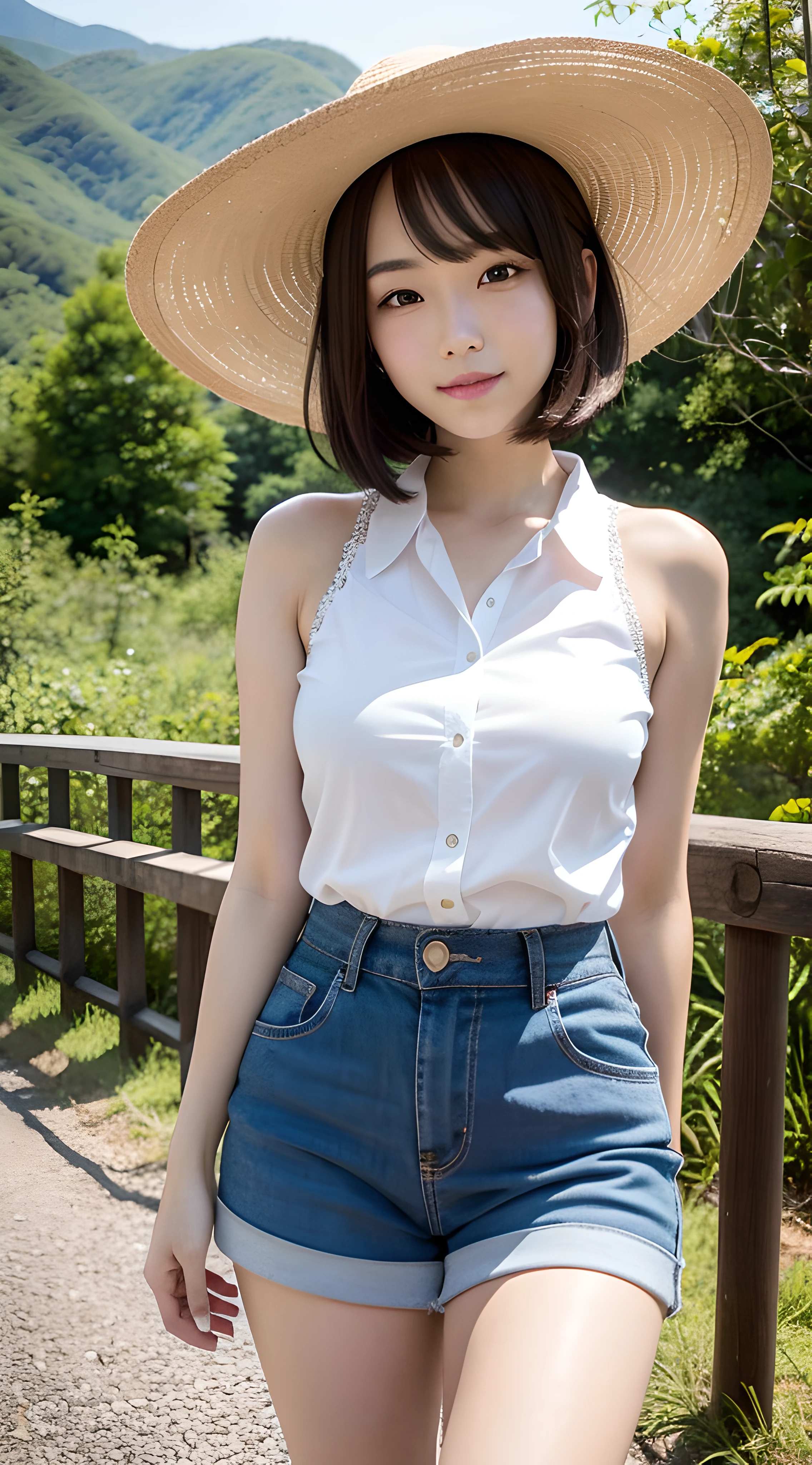 mast, 1 girl per 1 photo, Cowboy shot, directly front view, a Japanese young pretty girl, Stand on an old wooden bridge，Ride through deep valleys，Surrounded by mountains in rural Japan, A big smile, Glamorous figure, Wear sleeveless light blue shirt with collar, wearing a light brown short culottes skirt, naked feet with low heels sandals, Put on a white hat, Summer sun, Gaze at the scenery, hyper cute face, Glossy lips, double eyelids for both eyes, Natural makeup, Shiny smooth light brown hair，Bob long hairstyle , Asymmetrical bangs, Tanned skin, central image, 8K resolution, High detail, Detailed hairstyle, Detailed face, Cinematic lighting, Octane rendering, Ultra photo realsisim, Perfect limbs, Perfect anatomy