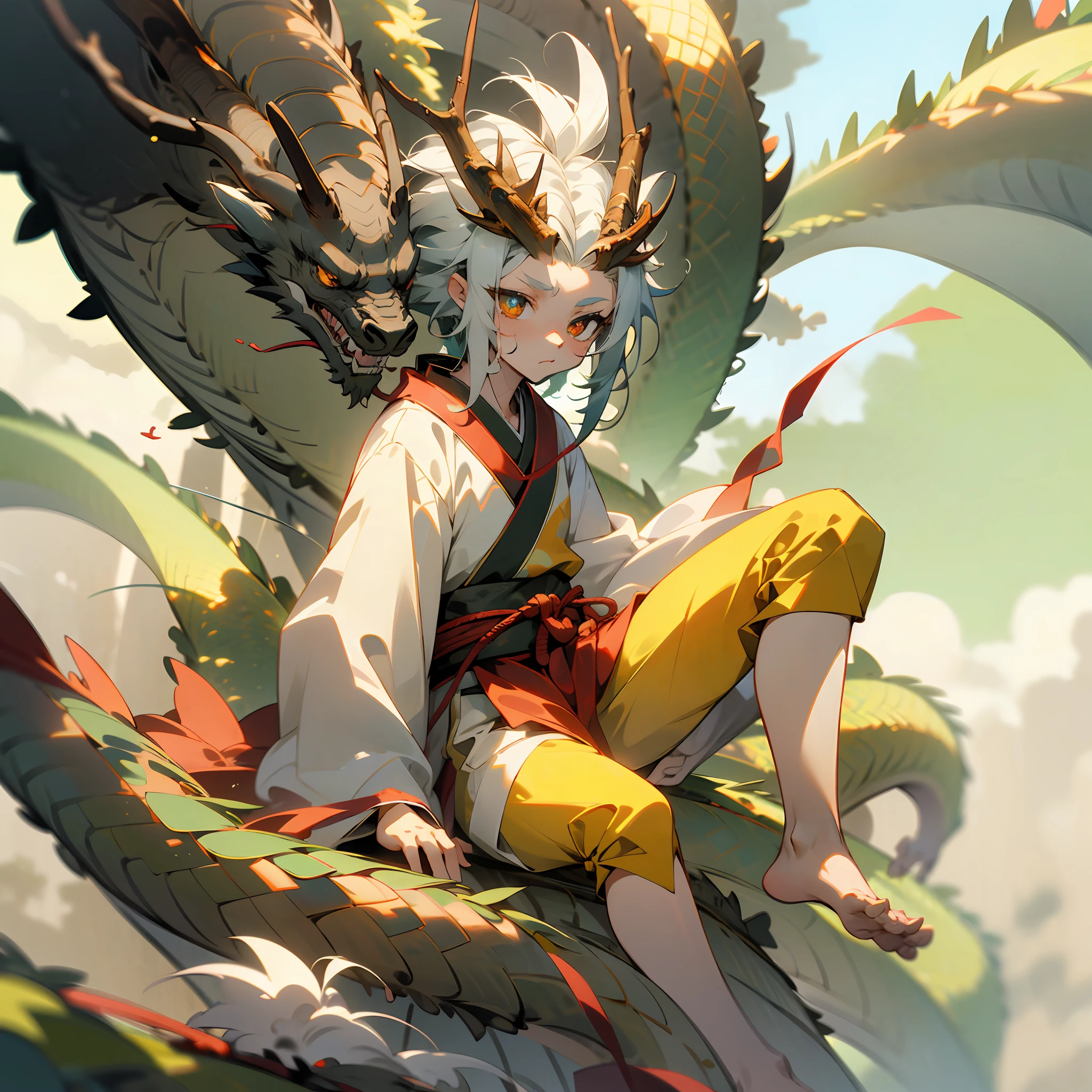 Eight-year-old boy,Dragon horns grow on the forehead,Amber pupils,Dressed in gorgeous Hanfu,Human face,long whitr hair,Barefoot,The ankle is tied with a red cord,Stand on the hillside