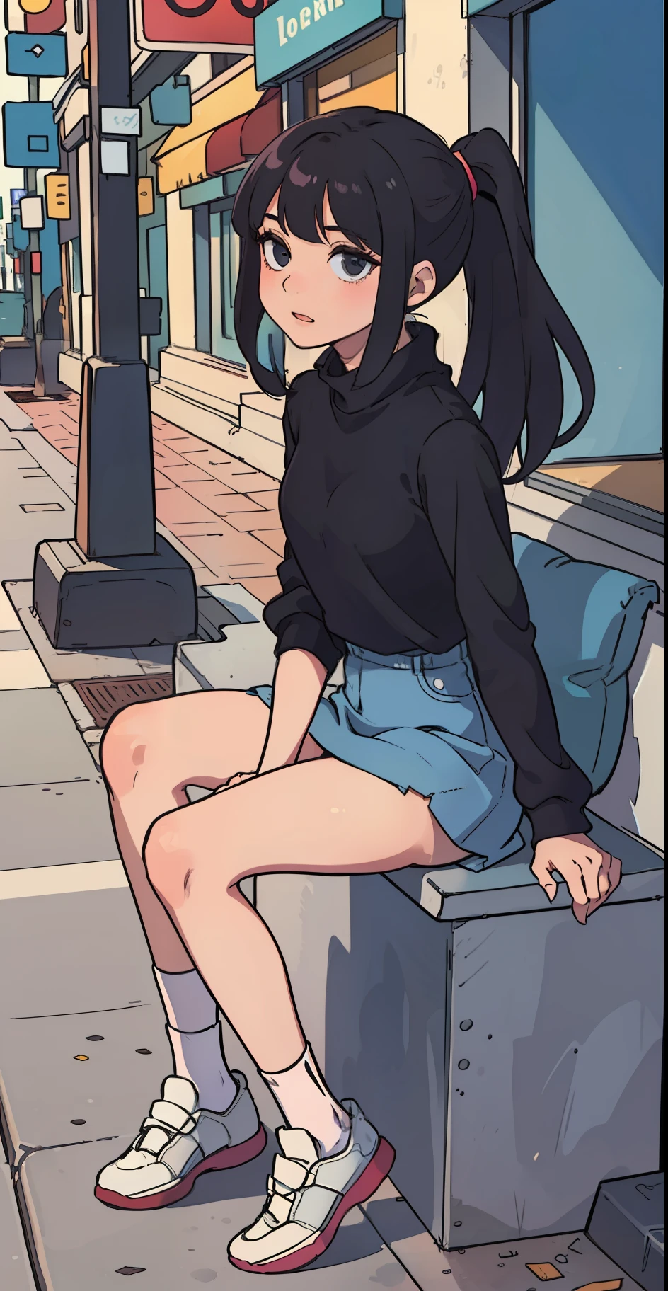k hd,high qulity,1girll,Black hair with a ponytail,Sexy clothes,the street,Superskirt,Sitting down,Spread your legs,skinny and thin,white short socks,frontage