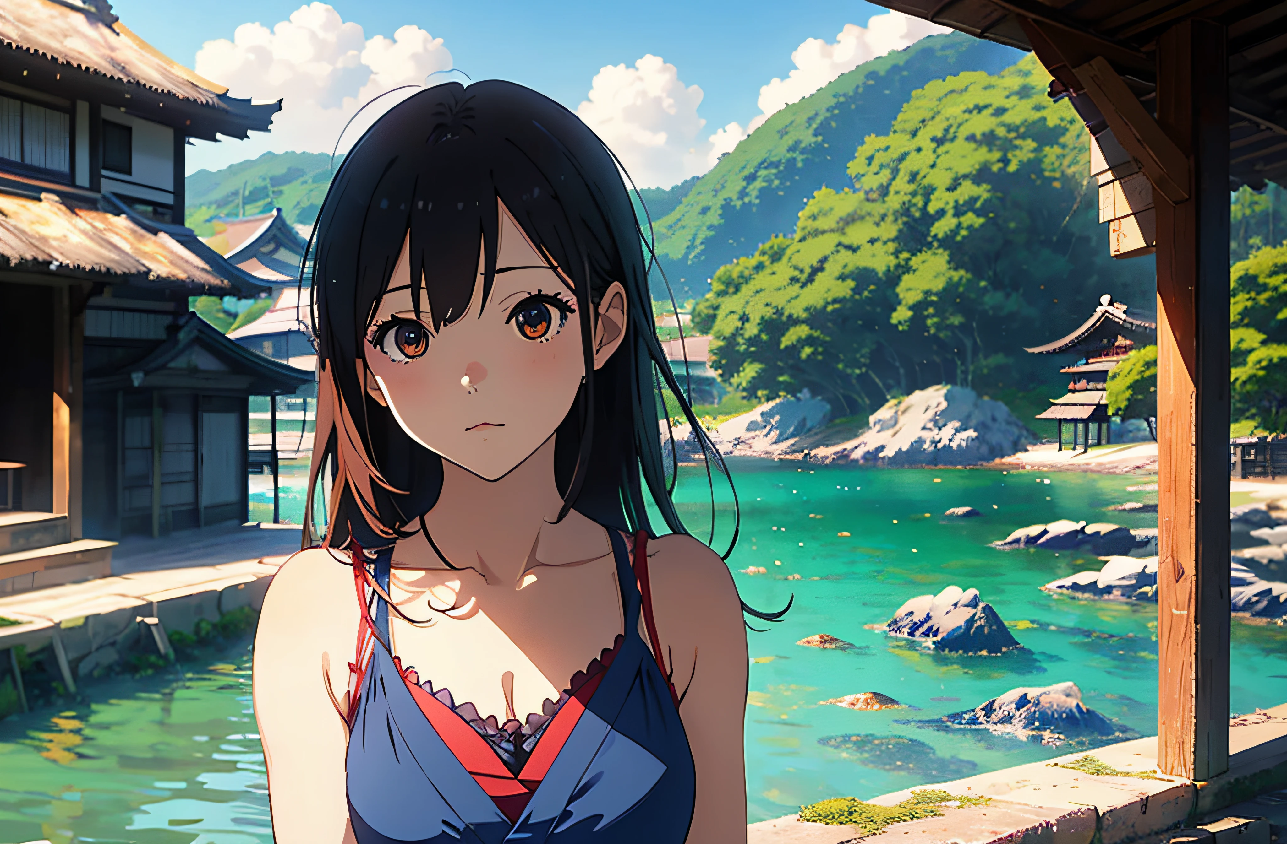Depth of Field,
romper,
(1 girl, bara:1.2),Single Focus,
anime,Single Focus,outdoor,:3,ocean,Japanese scene,village,Summer sky,