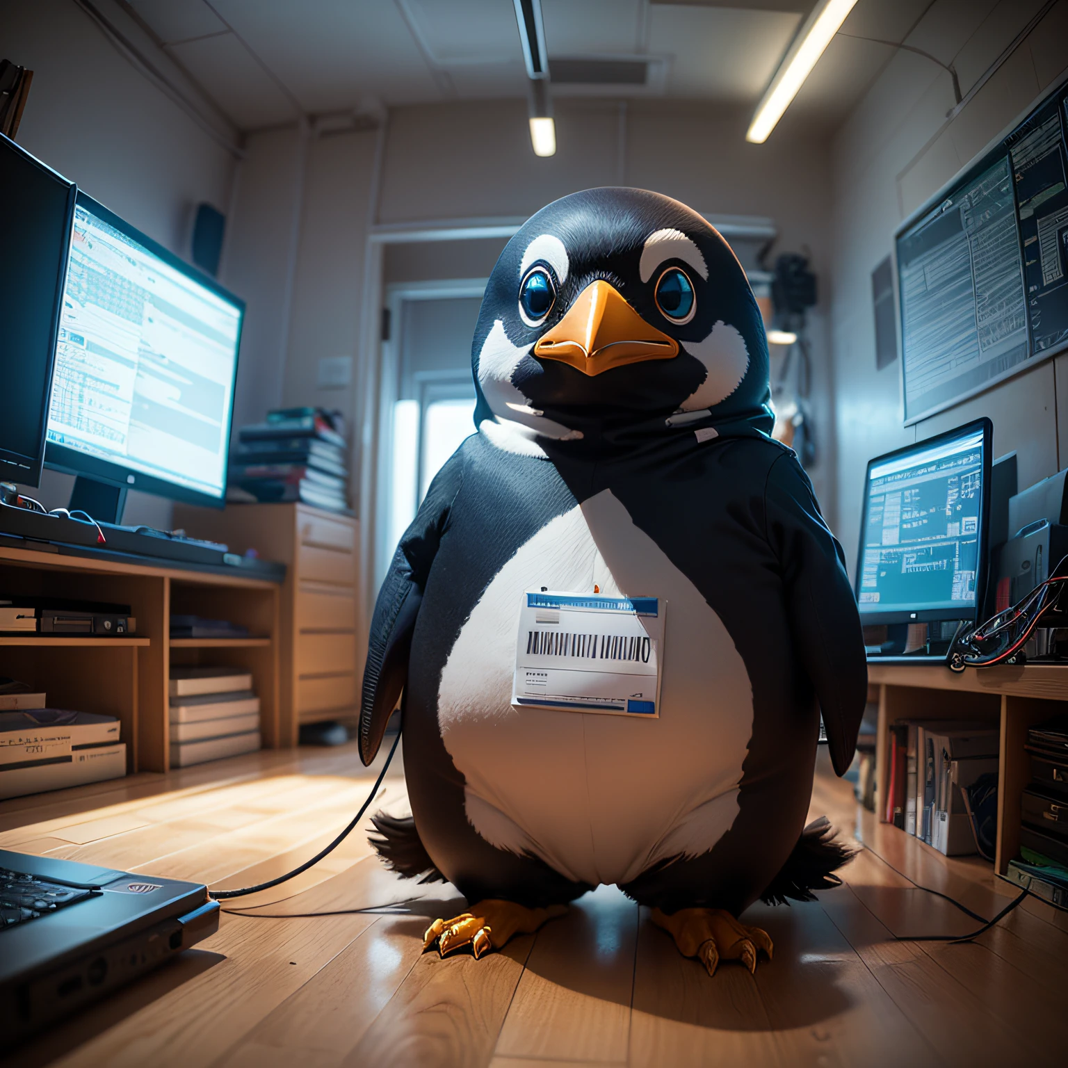 Cybernetic penguin dressed in a futuristic mechanic's costume, com detalhes em cobre e engrenagens. The costume is decorated with stickers of programming codes and Linux icons. The penguin is sitting in front of a computer with multiple monitors, teclados e mouses, todos conectados por cabos coloridos. The environment is illuminated by bright LED lights in shades of blue and green. The penguin has a determined expression on his face, as if you were about to solve a programming problem. On a nearby shelf, There are several technology and programming books, while a Linux poster decorates the wall in the background. The environment is filled with wires, cabos e circuitos complexos, giving the feeling that the penguin is part of the computer itself. The texture of the penguin feathers is highly detailed, with every detail visible in 8K resolution. The futuristic mechanic's costume is richly detailed, with copper gears and tubes visible throughout the body. The penguin pose is active and focused, as if you were working a complex programming project. The scene is illuminated by bright LED lights in shades of blue and green, casting soft shadows throughout the room. The environment is futuristic and dystopian, com uma cidade sinistra e sombria ao fundo, onde patrulhas policiais vigiam as ruas. The contrast between the penguin's technology and the dark, dystopian environment that surrounds it creates a unique and intriguing atmosphere. --auto
