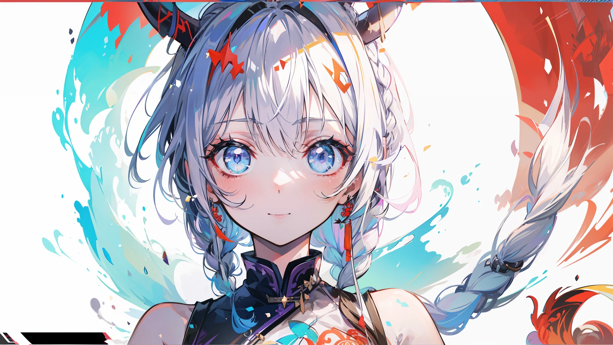Best image quality,Works of masters,Higher quality,超高分辨率,high detal,8K分辨率,s the perfect face,exquisite facial features,femele,a beauty girl,Watery eyes,Flirting smiles,whaite hair,Twist braids,Fluffy hair,Dinosaur tail,Beautiful,Ark of tomorrow,eyes glowing,White cheongsam,Comely,Titillating,Red horns on the head,Dragon's horn,banya,Braided hair,Twist braids,Braided hair,Purple pupils
,Purple eye,white clothes,Red tail,quadratic element,Day man,Japanese,comic strip