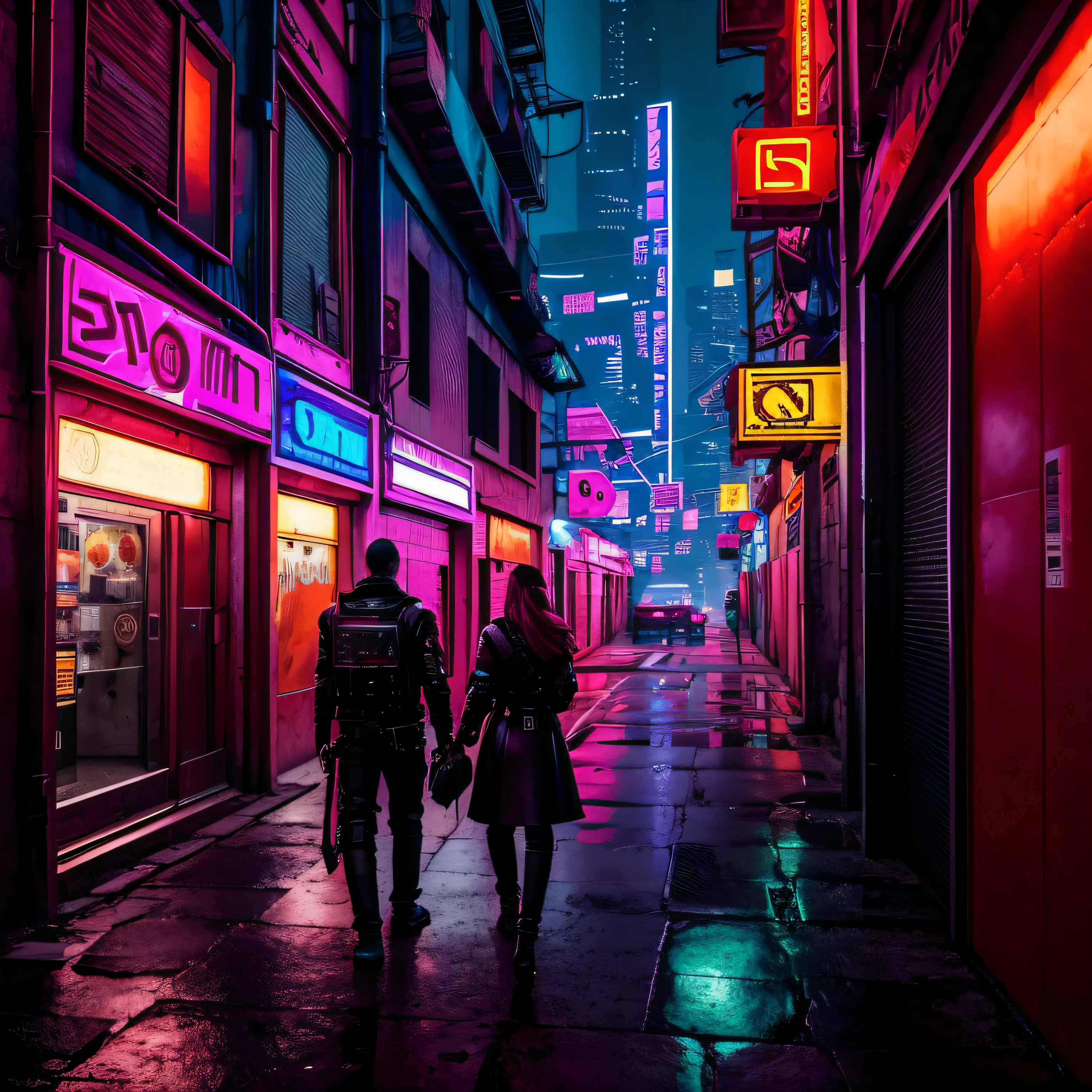 imagen estilo cyberpunk, con colores predominantes violeta, naranja y rosa, una pareja de pie sin verse la cara, en medio de una ciudad y en el centro el texto "URBN Loyalty" --auto