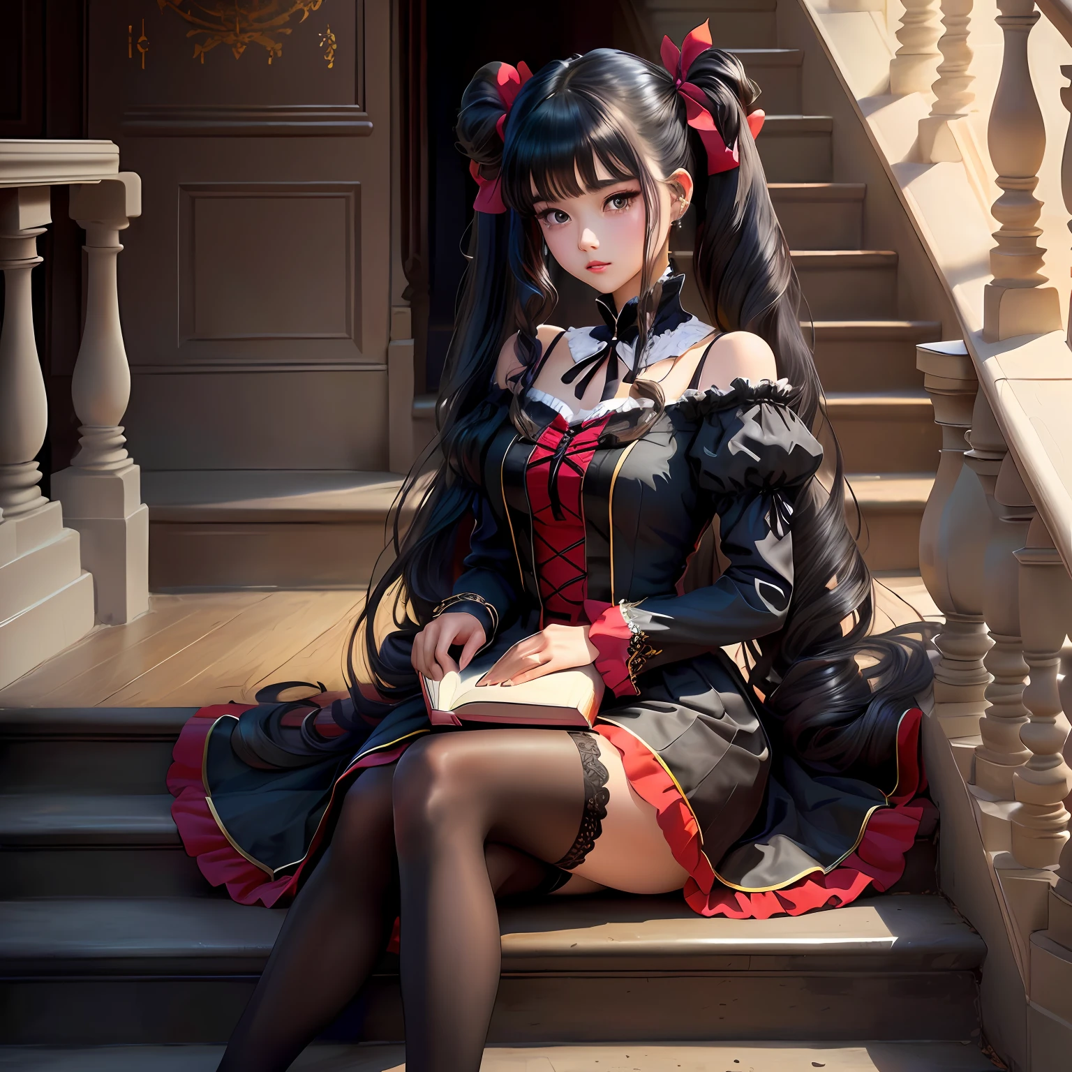 brunette color hair,s girl,Hair double ponytail,Red left eye,The right eye is golden,There is a clock in the eye,Black Lolilothes,There are tears in the eyes,Chu Chu pitiful,4k,Red cheeks,black lence stockings