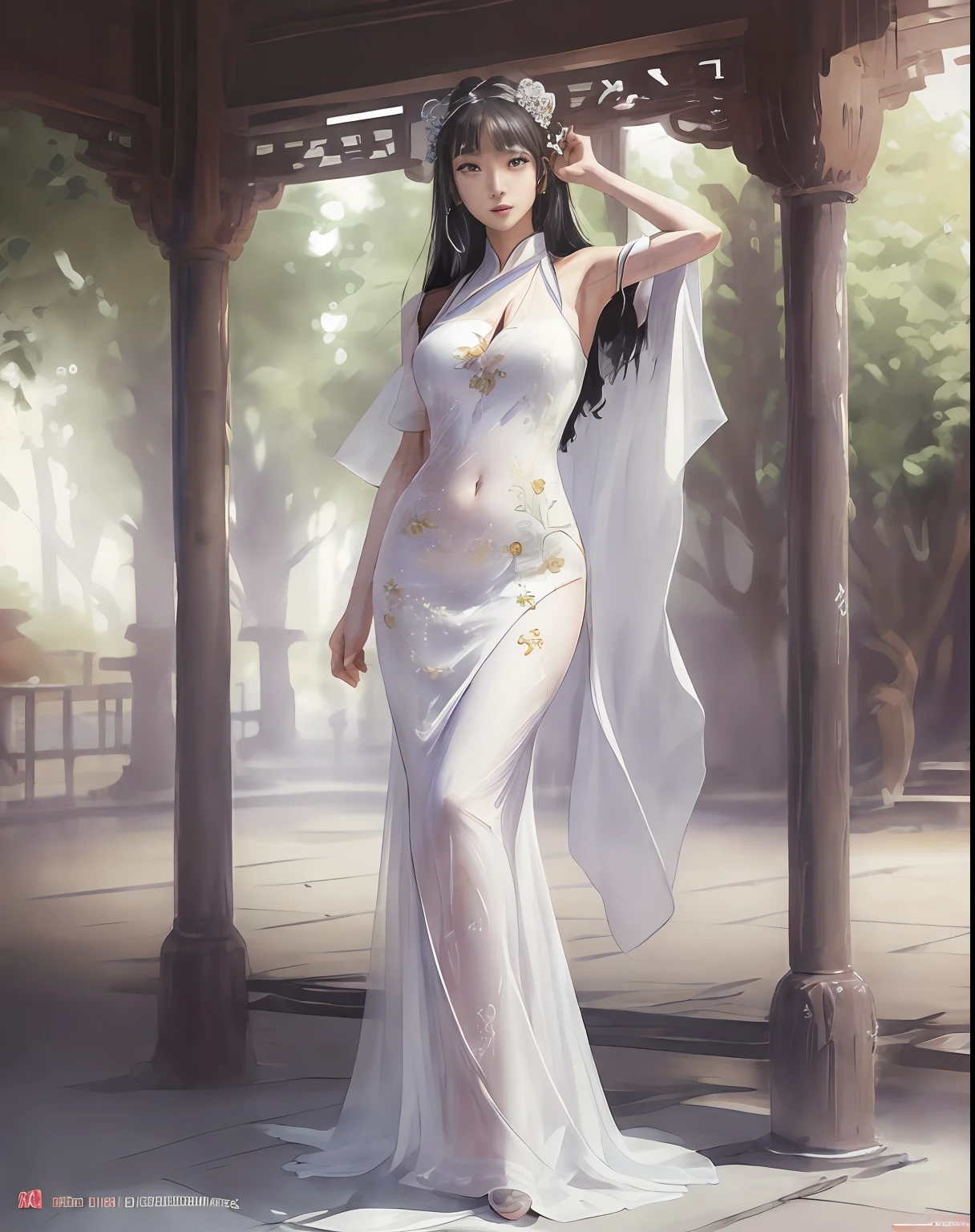 (masterpiece, best quality, beautiful modelshoot:1.4) of a stunning 25yo chinese 1girl, (full body view:1.6), (seductive pose:1.2), breasts:1.2, (armpits focus:1.5), solo:1.5, navel, long black hair, sidebangs, bare shoulders, (perfect face, perfect eyes, insanely beautiful face, perfect hands, beautiful fingers:1.5), (happy smile:1.2), hanfu, (looking at viewer:1.6), busy street, shops, people, trees, colorful, highly detailed, ultra realistic, deep field of depth, (sharp focus:1.6), insanely intricate, 8k, tachi-e, (white background:1.6), full body