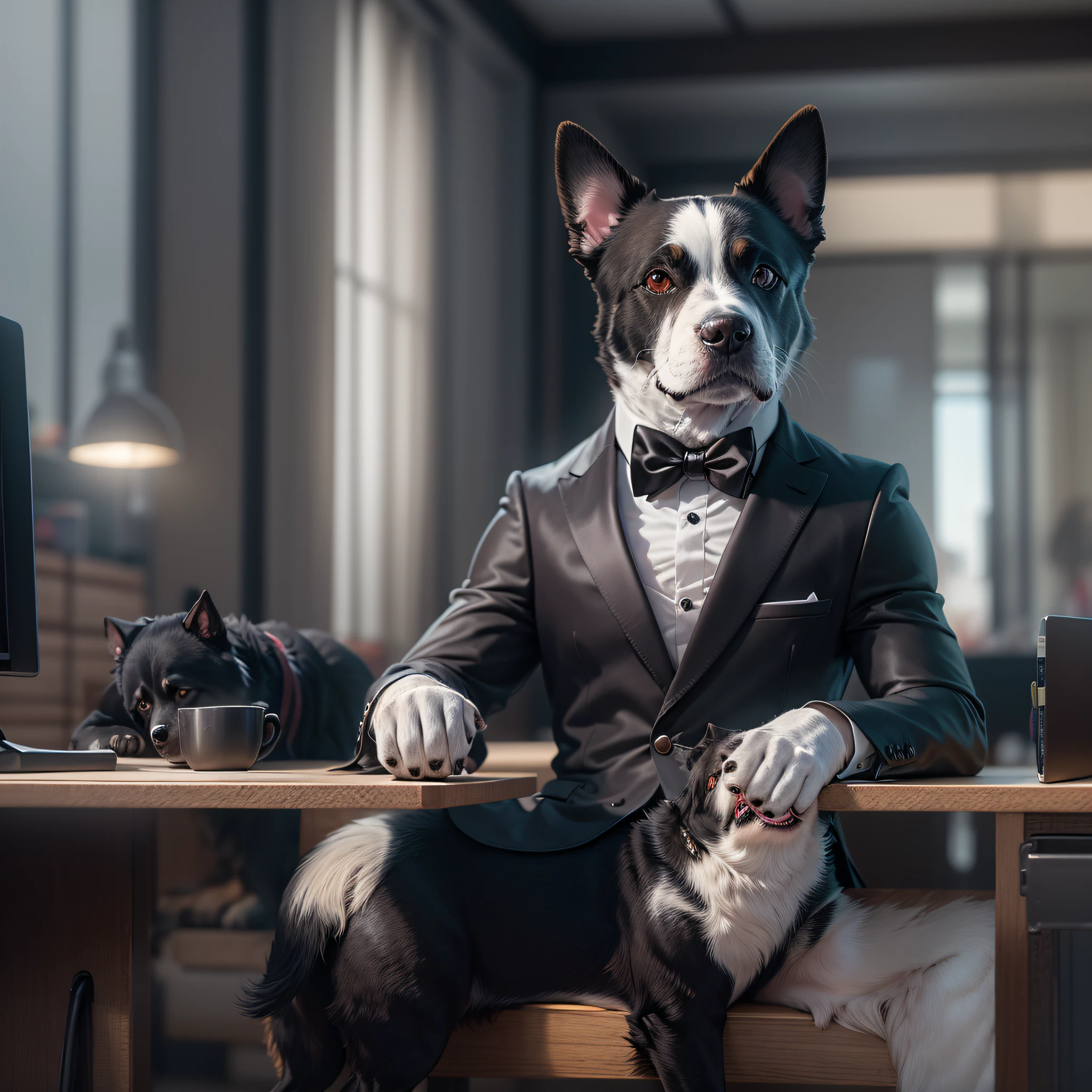 a humanoid dog with tuxedo siting on the office , intrinsic details, masterpiece, hyper realistic , hd , 8k --auto