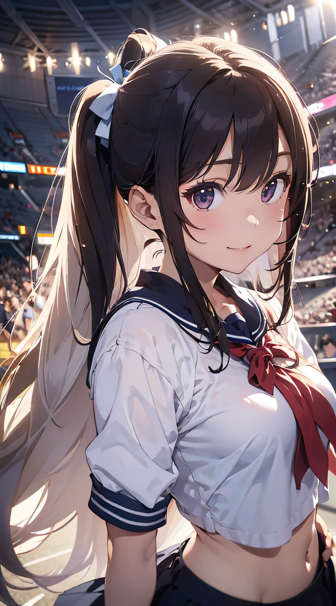 Ala Fed Asian cheerleader posing dynamically with large pom-poms in both hands in stadium、write、a closeup、cosplay foto、Anime Cosplay、tiny chest、Raw photography, top-quality, hight resolution, (masterpiece), (Photorealsitic:1.4), professional photograpy, foco nítido, nffsw, 8K分辨率, intricate detailes, depth of fields, the Extremely Detailed CG Unity 8K Wallpapers, front lit, girl with, beautiful supermodel, A smile、A slender、Mary Rose、Twin tail hair、Dense depiction、a sailor suit