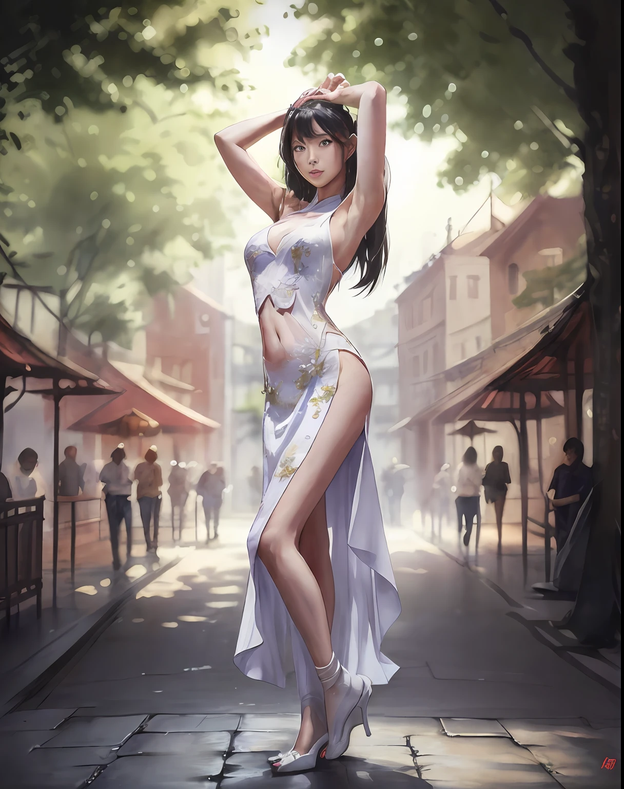 (masterpiece, best quality, beautiful modelshoot:1.4) of a stunning 25yo chinese 1girl, (full body view:1.6), (seductive pose:1.2), breasts:1.2, (armpits focus:1.5), solo:1.5, navel, long black hair, sidebangs, bare shoulders, (perfect face, perfect eyes, insanely beautiful face, perfect hands, beautiful fingers:1.5), (happy smile:1.2), hanfu, (looking at viewer:1.6), busy street, shops, people, trees, colorful, highly detailed, ultra realistic, deep field of depth, (sharp focus:1.6), insanely intricate, 8k, tachi-e, (white background:1.6), full body