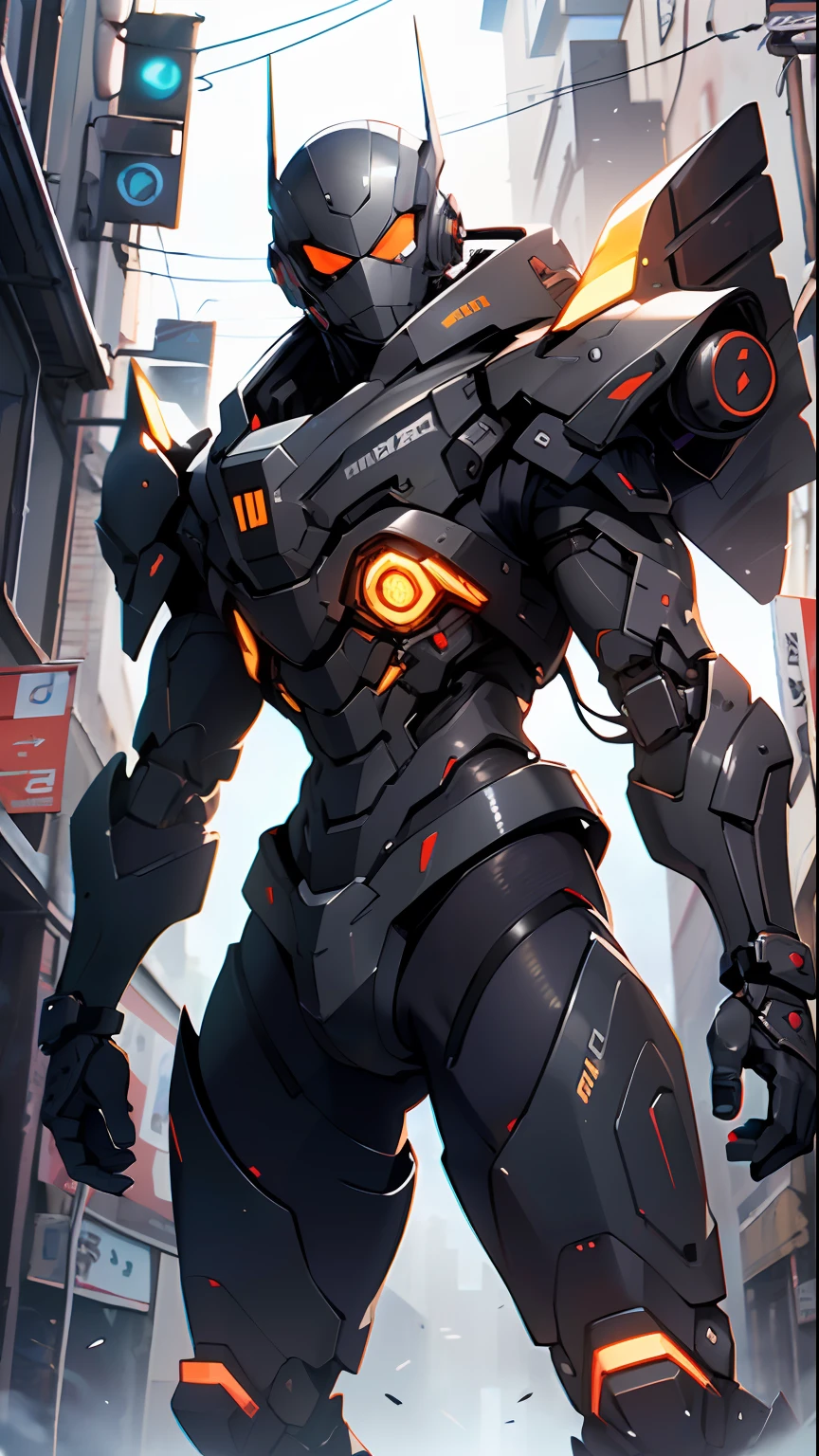 Imposing black plastic metal android robot, three meters tall and with a minimalist design that highlights its marked metallic musculature. His head is smooth and adorned with RGB lights that highlight his uniqueness and futurism.

He carries a metal backpack on his back that contains drones, turrets, and firearms. The backpack has spidery legs that allow it to move quickly.

Although most of his body is a deep, glossy black, there are orange, purple, and blue details that highlight his striking, futuristic design. It is undoubtedly an impressive creation that does not go unnoticed.


(dynamic pose:1.0), solo focus, centered, scale to fit dimensions, Rule of thirds,

outdoors, ((night view)), (cyberpunk night street Background: 1.5,dark sky,alleyway,lonely alley,thick clouds, detailed background:1.25),

(best quality), (high resolution), (sharp focus), (ultra detailed), (extremely detailed), (extremely high quality artwork), 8k_wallpaper, (extremely detailed CG 8k),(very fine 8K CG), ((hyper super ultra detailed perfect piece)), flawless, (((masterpiece))), illustration, vibrant colors,  (intricate), High contrast, Selective lighting, Double exposure, HDR (High Dynamic Range), Post-processing, Background blur,