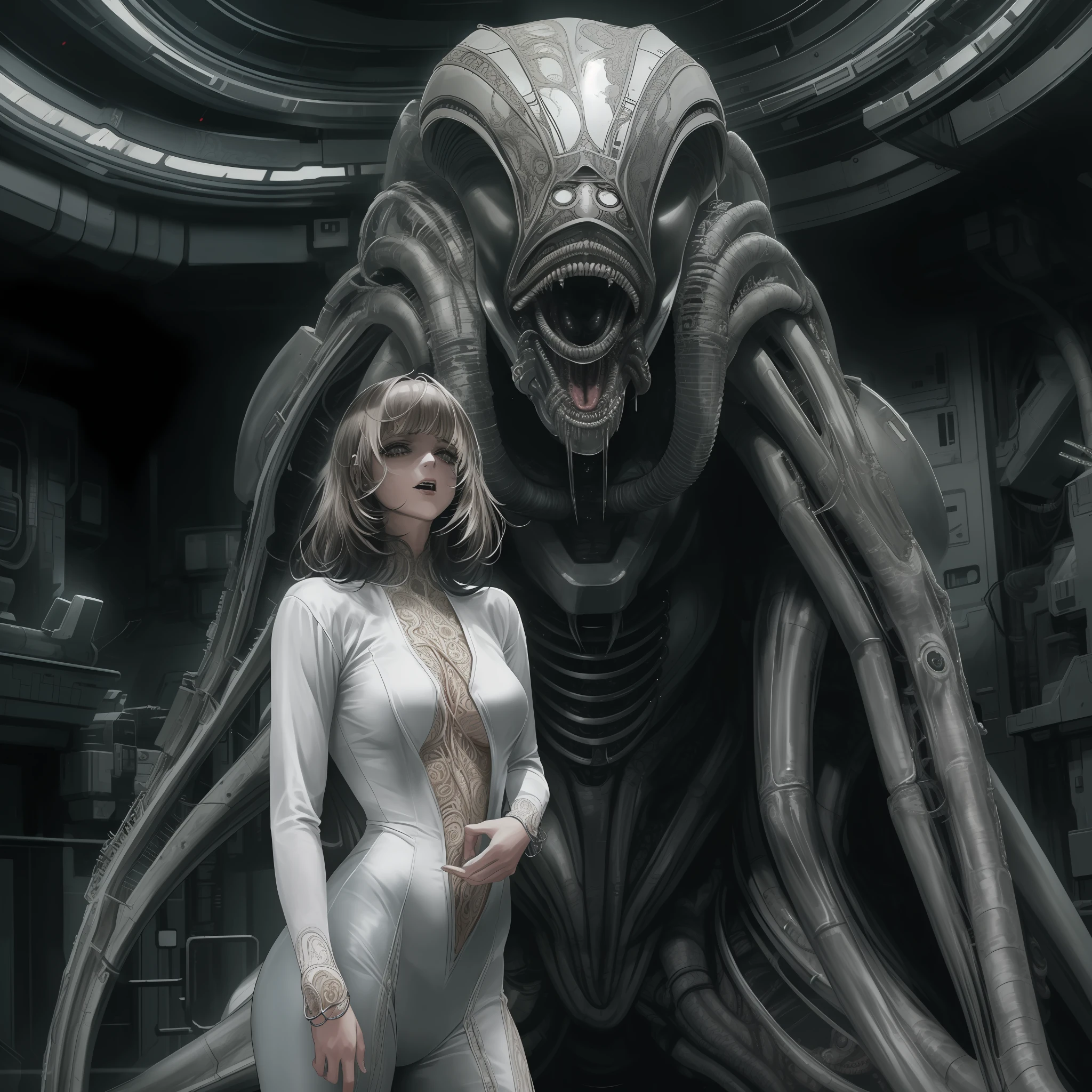 ((Alien 1979)), ((close photo)), ((an alien female creature)), ((She is sexy and sensual)), ((she brings fear and terror)), A terrible alien with huge mouth and many ugly teeth, She is wearing a rotten and torn clothes as an astronaut, (She's furious, she's angry, she's full of hatred), She is attacking you, she is in an interplanetary hospital in the outer space, She is looking at you, She brings terror in her eyes, she's drooling, she's crazy, she's crazy, ((art by HR Giger)), Masterpiece, better quality, clear focus, dynamic pose, cinematic lighting, Hyper Detailed Ultra Sharp, ((((((((idne))))), (((intricate))))), UltraRealistic, Dynamic, Smooth, Sharp Focus, Illustration, 8K