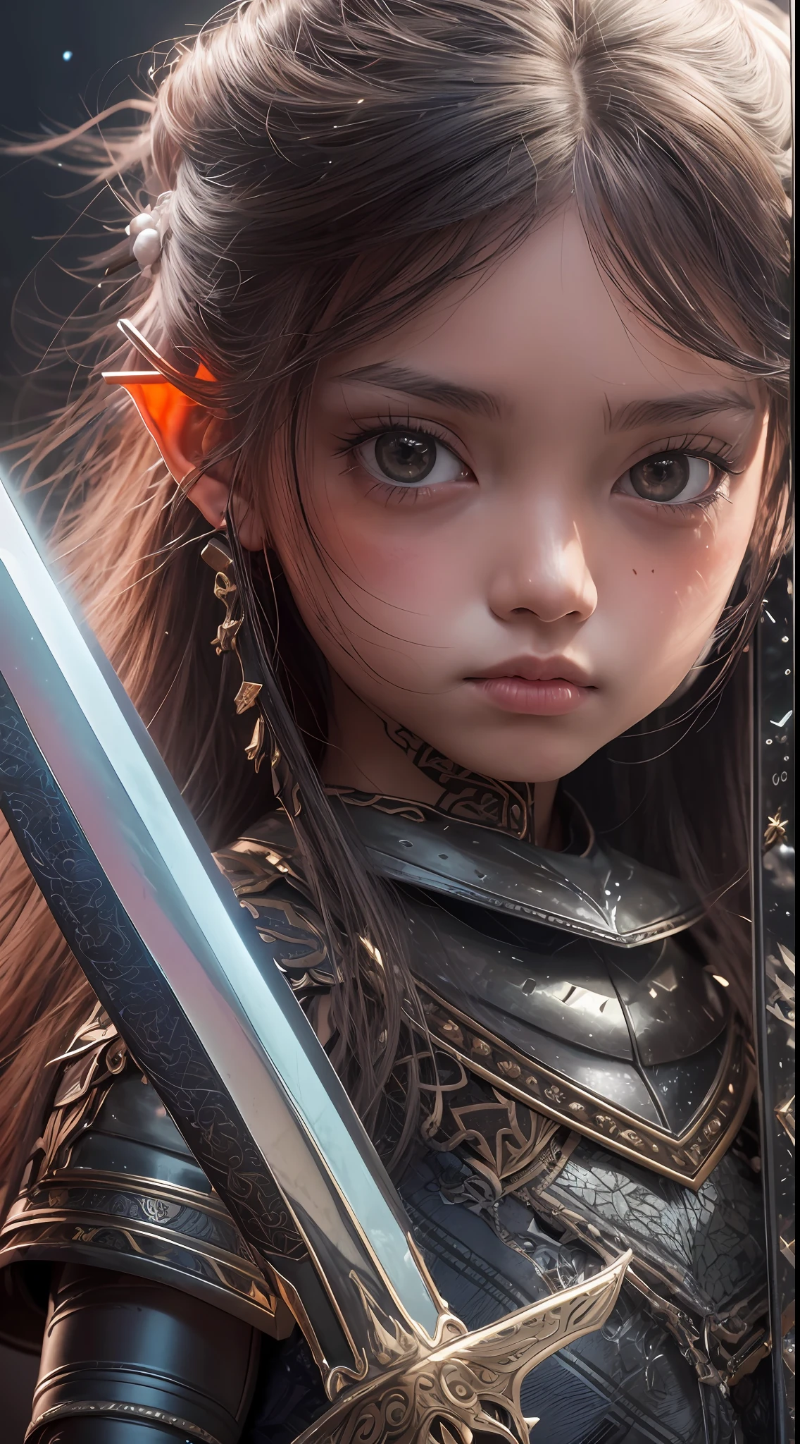 1 girl , a warrior is sword, themes of Otherworldly with dark fantasy and ethereal fantasy, sparkle core, fantastic realism, many magic orb background, best quality, highest quality, 8K, absurd res, epic high quality, extremely detailed, ultra detailed skin, insanely detailed, hyper realistic, very high resolution, ultra photorealistic,