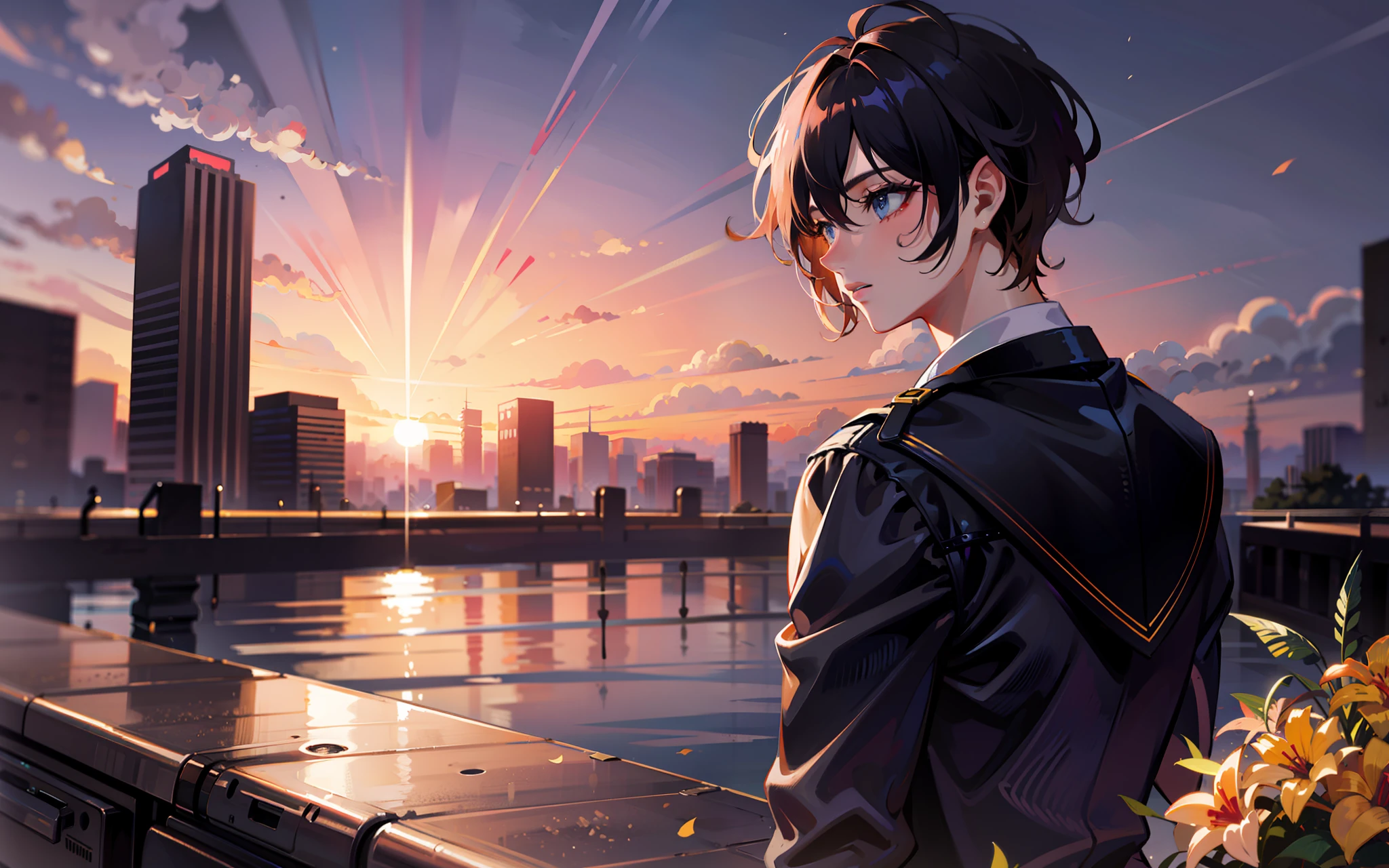 best images quality,Masterpiece level,Super detailed background,style of anime,Outdoor Scene,sunset view,beautiful sky,The breeze is gentle,Magnificent atmosphere,Focus aiming,Close-up mode,Side angle,Depth of field effect,bokeh feeling,Young people screening,8k,Ultimate detail