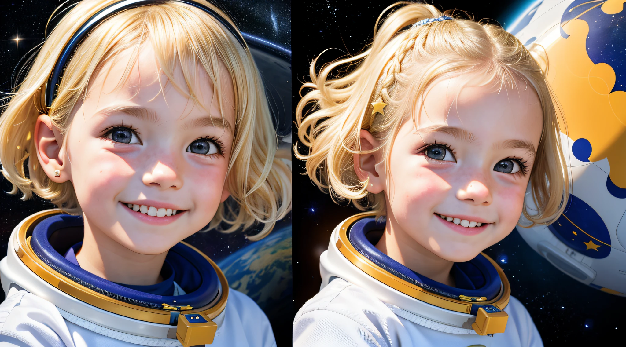 obra-prima, melhor qualidade, retrato de meio corpo, 1girl KIDS BLONDE, realista,  girl, sorrindo, rosto bonito, cabelo curto, capacete de astronauta, fundo do universo estrelado, luz verdadeira,