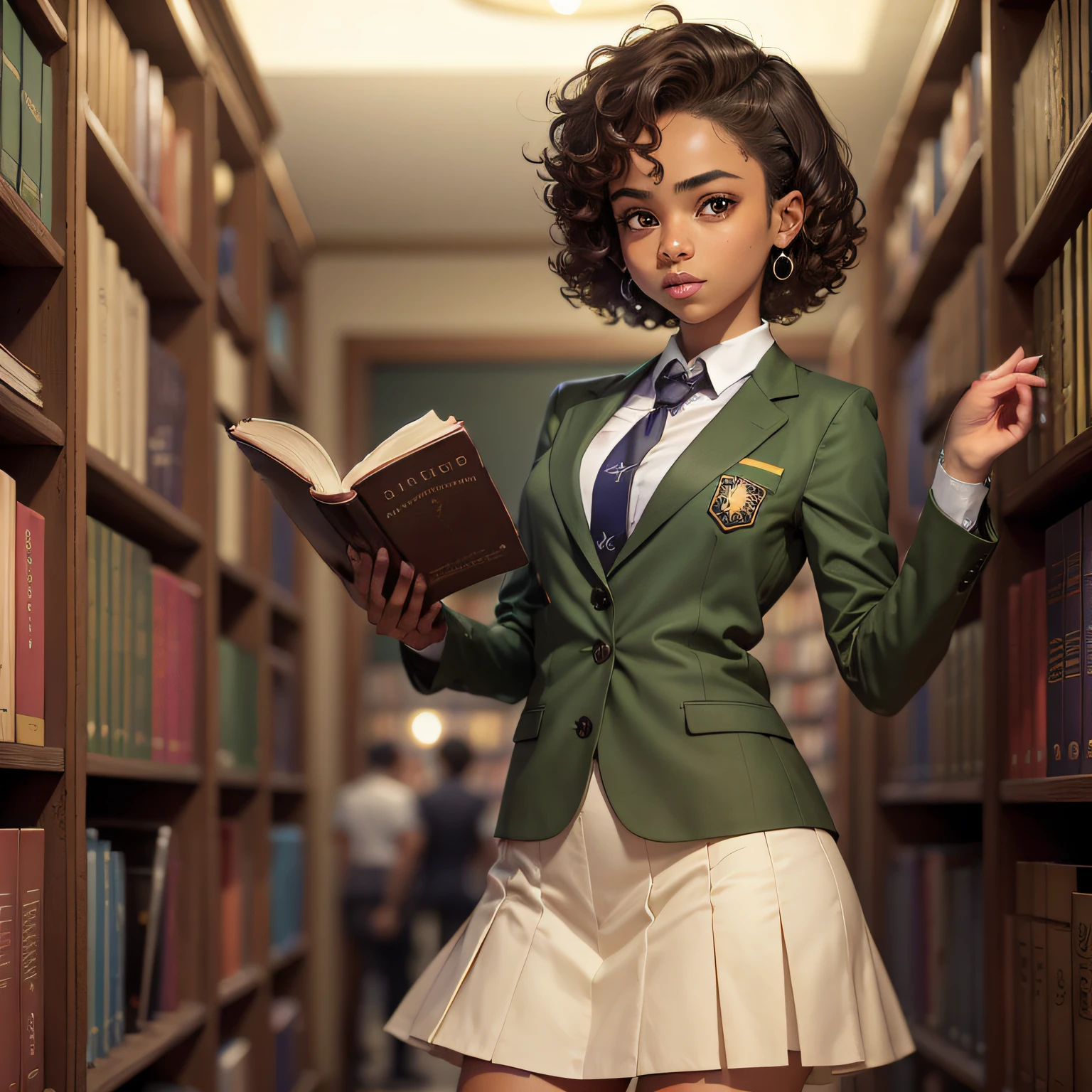There's a woman in a green jacket and white skirt holding a book, uma aluna pouco realista, menina bonita do anime high school, menina da escola, em uma biblioteca, magic school uniform, Tatsumaki, Menina , photorealistic anime girl rendering, Librarian, Estilo Ross Tran --auto
