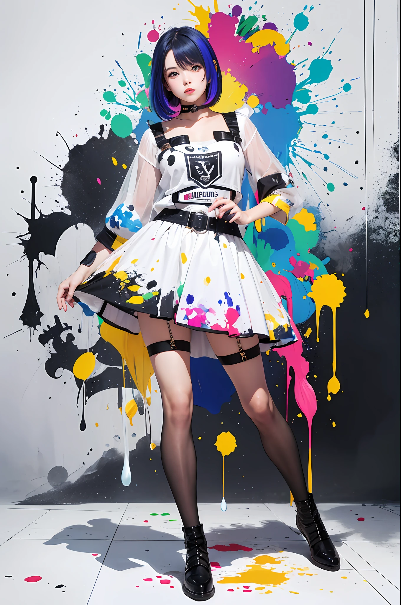 (Masterpiece,Best Quality,Hyper-detailed),Color Splash, Paint Splash, Splash of Ink, A Beautiful Stylish Girl, tri-color hair, Front, full Body, White Background