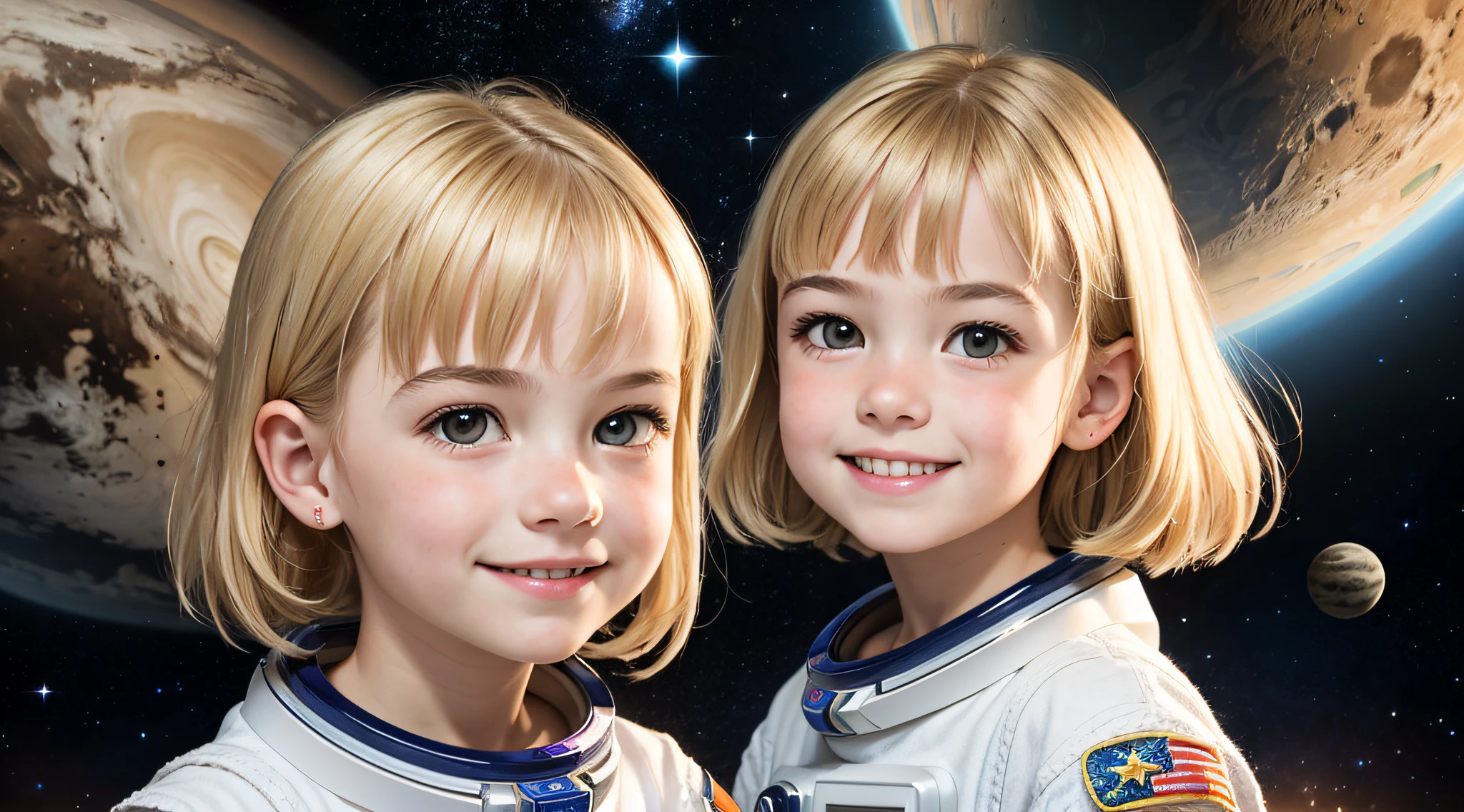 obra-prima, melhor qualidade, retrato, 1girl KIDS BLONDE, realista, kid girl, sorrindo, rosto bonito, cabelo curto, capacete de astronauta, fundo do universo estrelado, luz verdadeira,