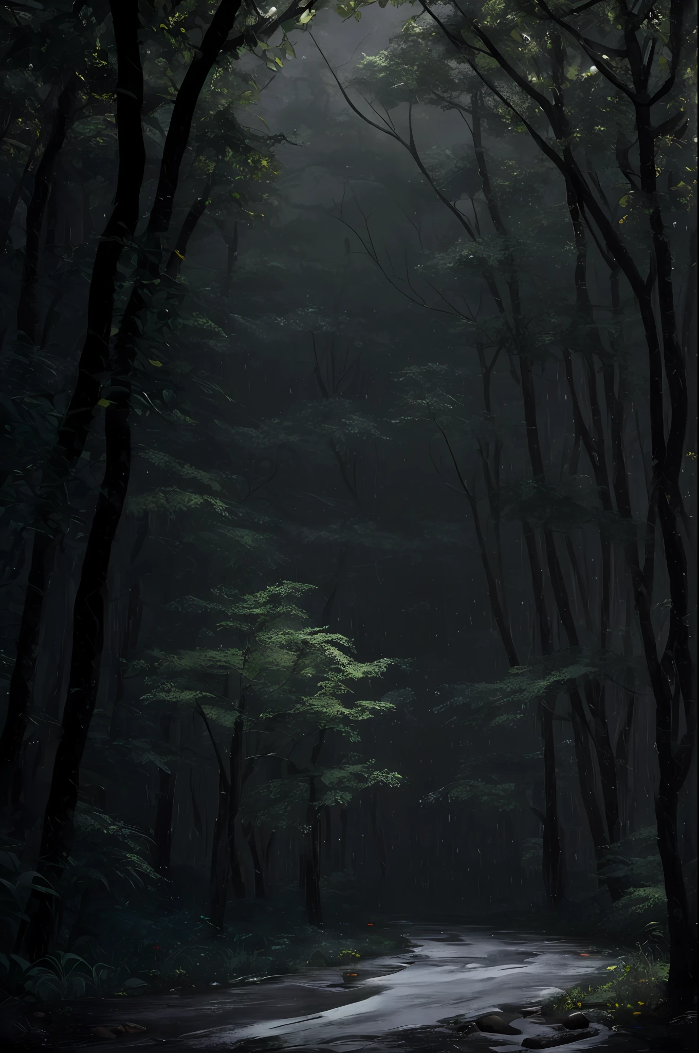A dense forest in the midst of a heavy nighttime downpour, with raindrops cascading down the trees and thunder rumbling in the distance, masterpiece, best quality, high quality, extremely detailed CG unity 8k wallpaper, oil paiting, award winning photography, Bokeh, Depth of Field, HDR, bloom, Chromatic Aberration ,Photorealistic,extremely detailed, trending on artstation, trending on CGsociety, Intricate, High Detail, dramatic, art by midjourney, (volumetric lighting:1.2)