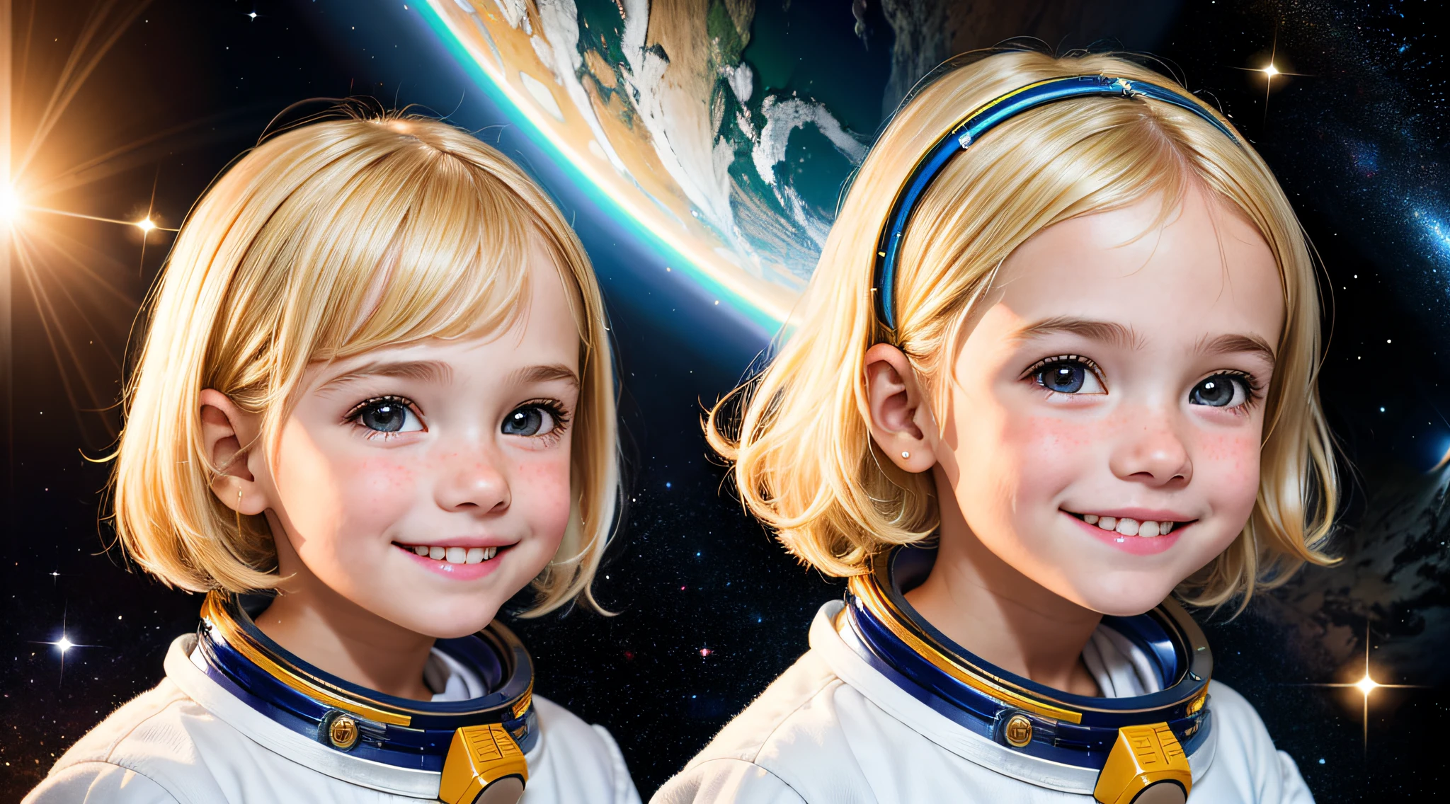 obra-prima, melhor qualidade, retrato, 1girl KIDS BLONDE, realista, kid girl, sorrindo, rosto bonito, cabelo curto, capacete de astronauta, fundo do universo estrelado, luz verdadeira,